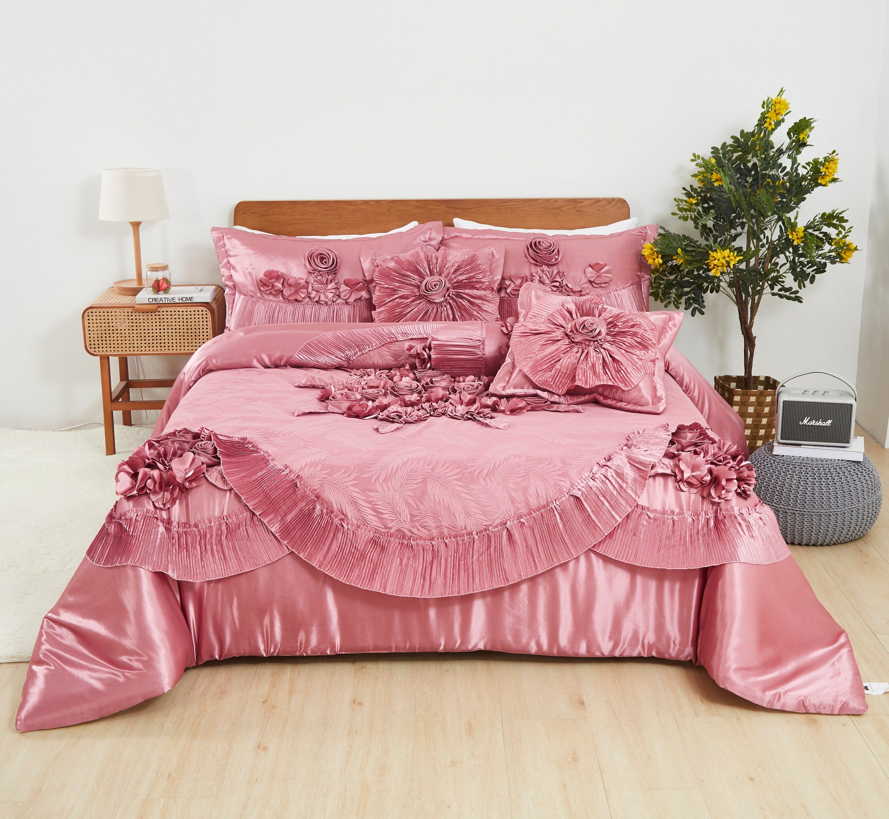 Tache Satin Floral Lace Ruffle Sweet Victorian Luxurious Pink Comforter Set (MZ002-Pink) - Tache Home Fashion
