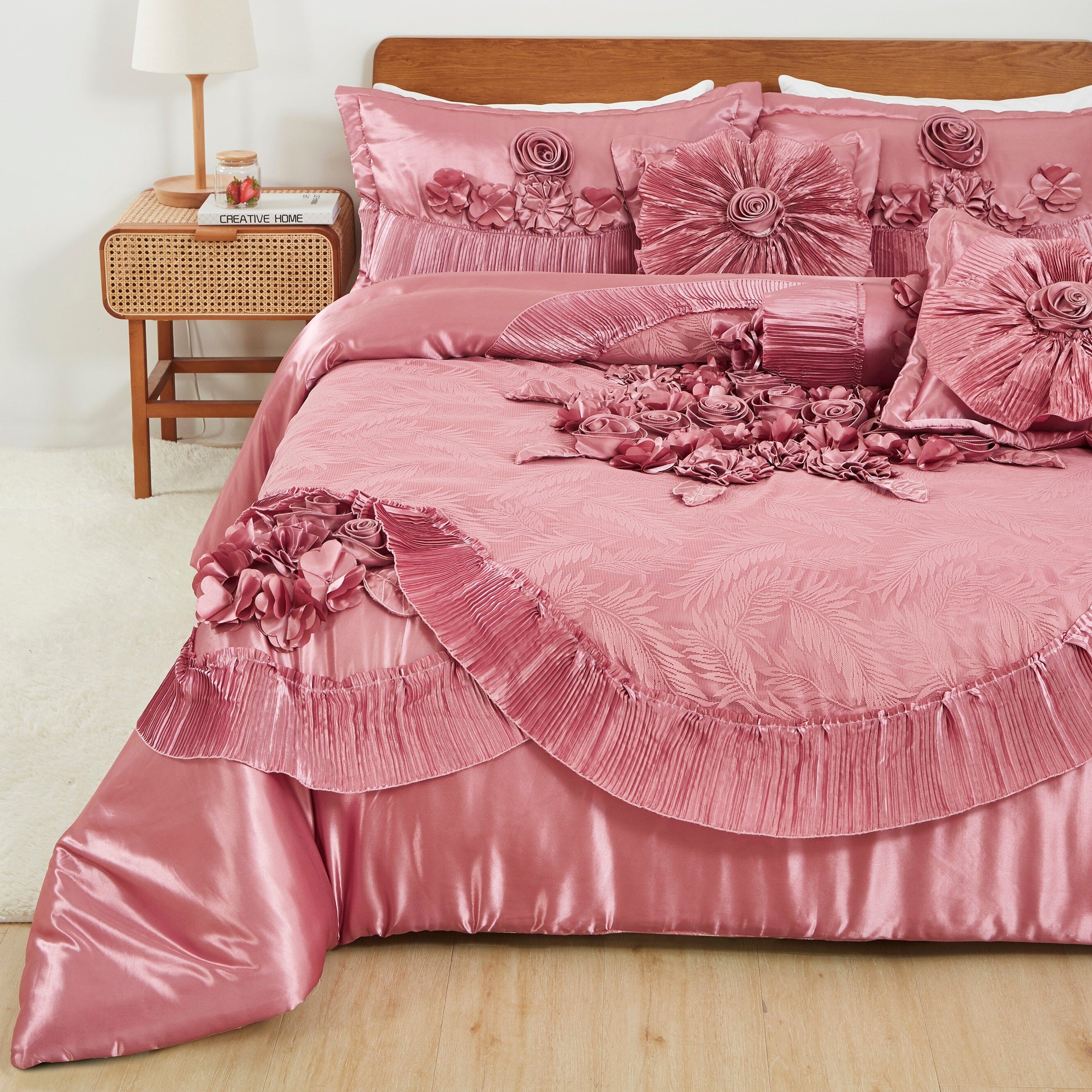 Tache Satin Floral Lace Ruffle Sweet Victorian Luxurious Pink Comforter Set (MZ002-Pink) - Tache Home Fashion