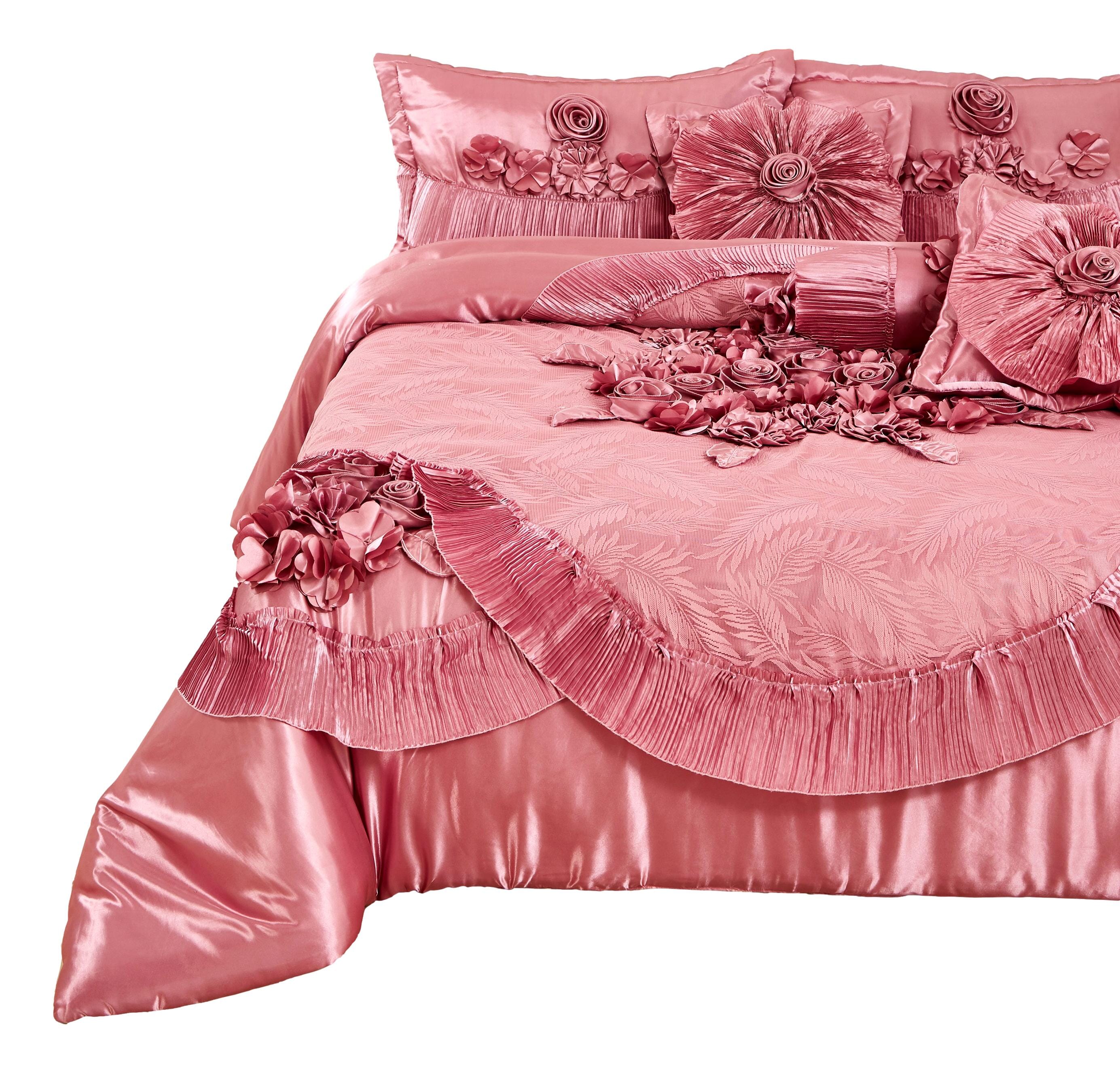 Tache Satin Floral Lace Ruffle Sweet Victorian Luxurious Pink Comforter Set (MZ002-Pink) - Tache Home Fashion