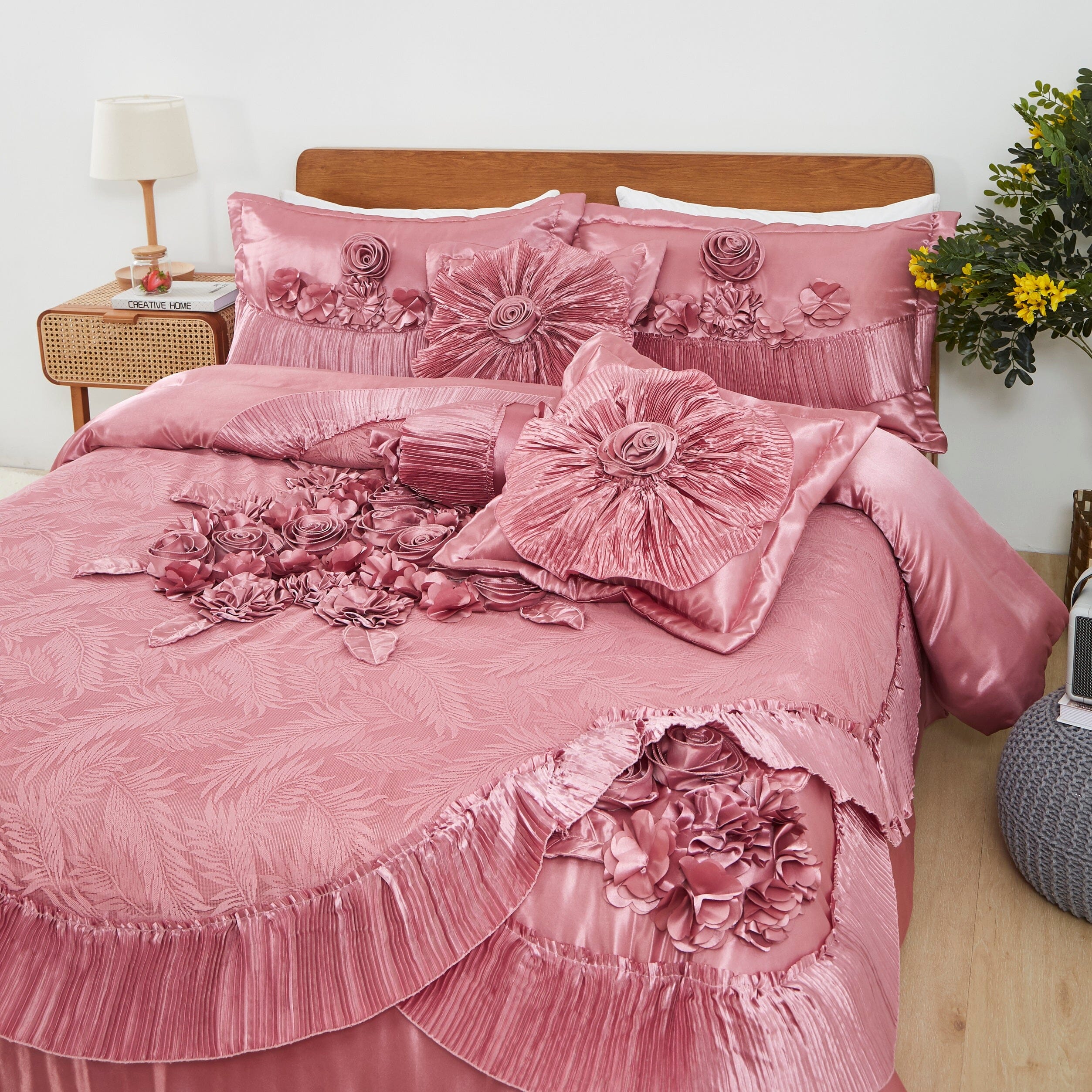 Tache Satin Floral Lace Ruffle Sweet Victorian Luxurious Pink Comforter Set (MZ002-Pink) - Tache Home Fashion