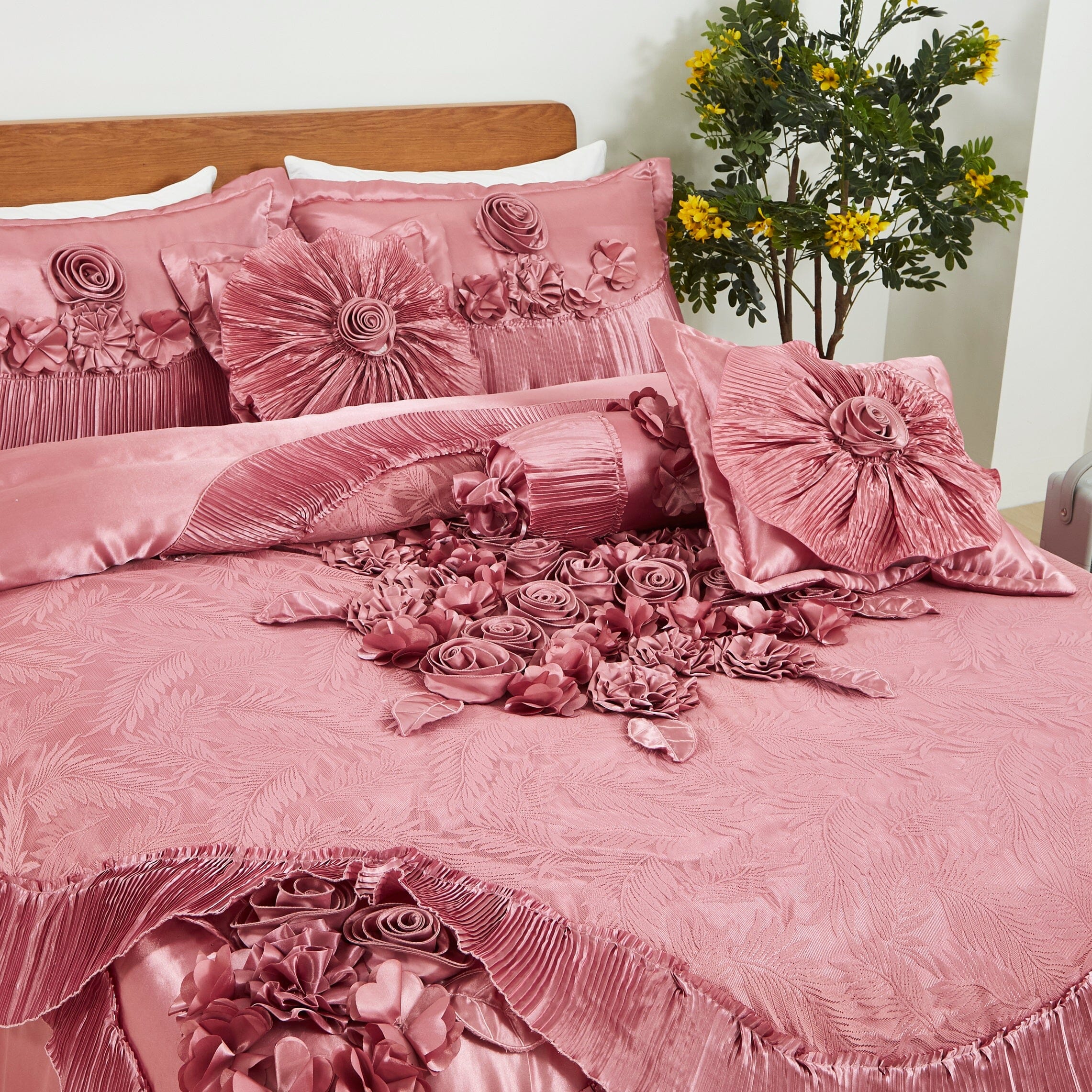 Tache Satin Floral Lace Ruffle Sweet Victorian Luxurious Pink Comforter Set (MZ002-Pink) - Tache Home Fashion