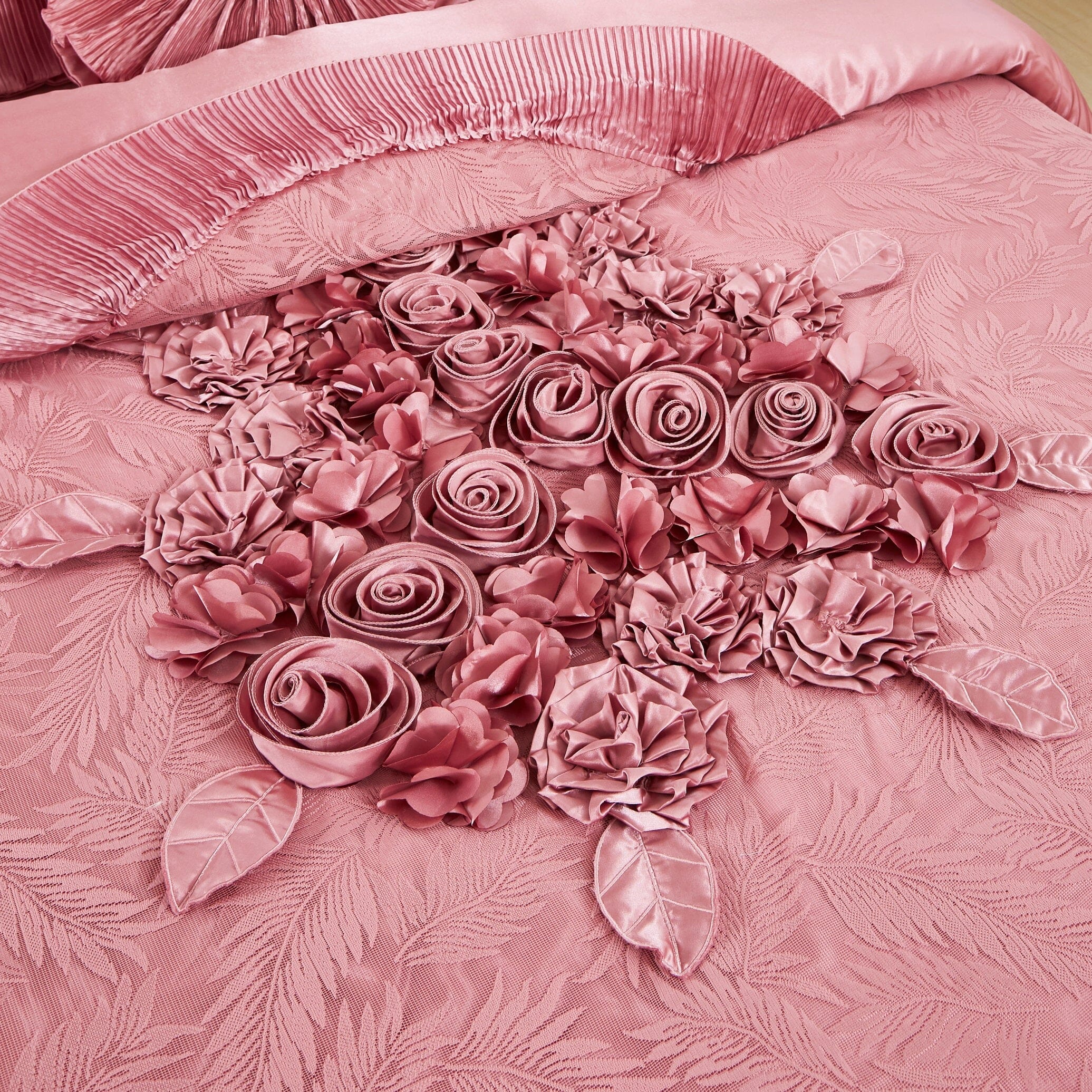 Tache Satin Floral Lace Ruffle Sweet Victorian Luxurious Pink Comforter Set (MZ002-Pink) - Tache Home Fashion