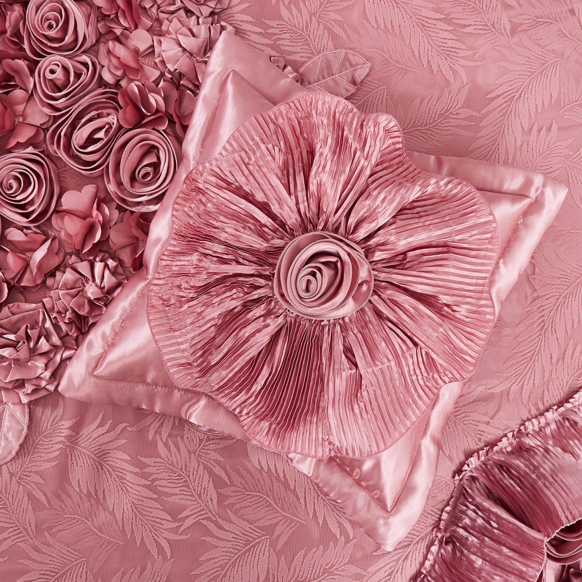 Tache Satin Floral Lace Ruffle Sweet Victorian Luxurious Pink Comforter Set (MZ002-Pink) - Tache Home Fashion