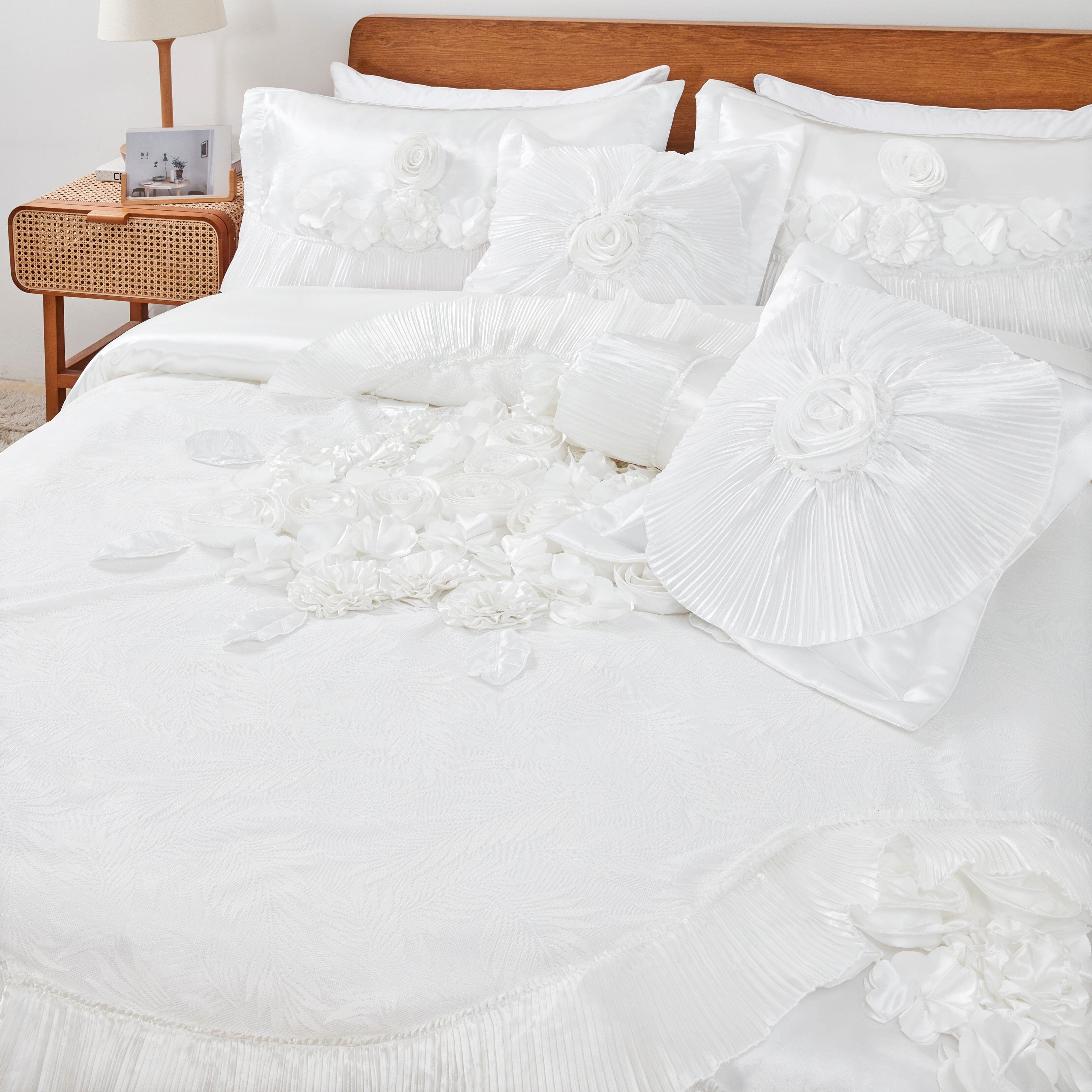 Tache Satin Floral Lace Ruffle White Sweet Victorian Luxurious Comforter Set (MZ002W) - Tache Home Fashion