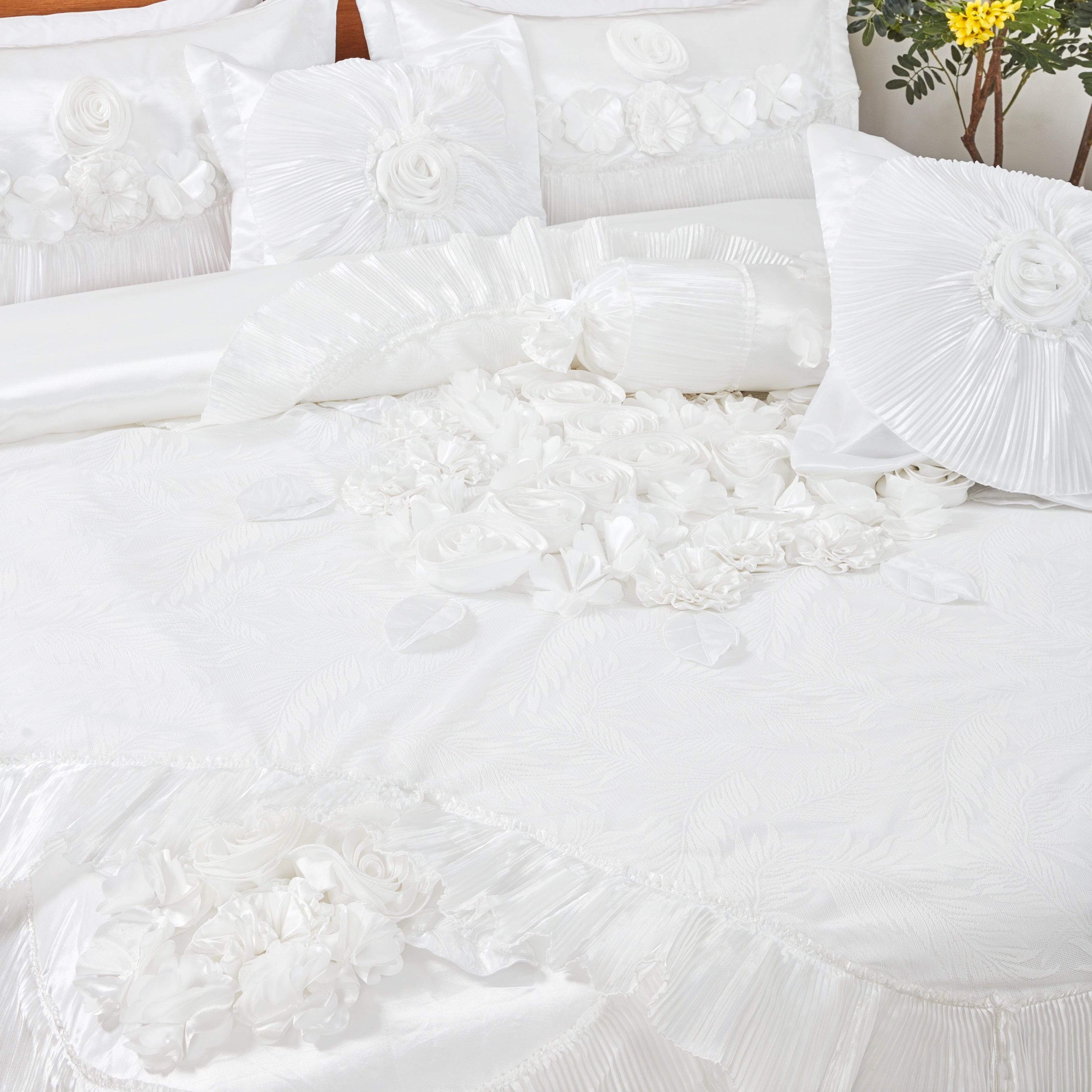 Tache Satin Floral Lace Ruffle White Sweet Victorian Luxurious Comforter Set (MZ002W) - Tache Home Fashion