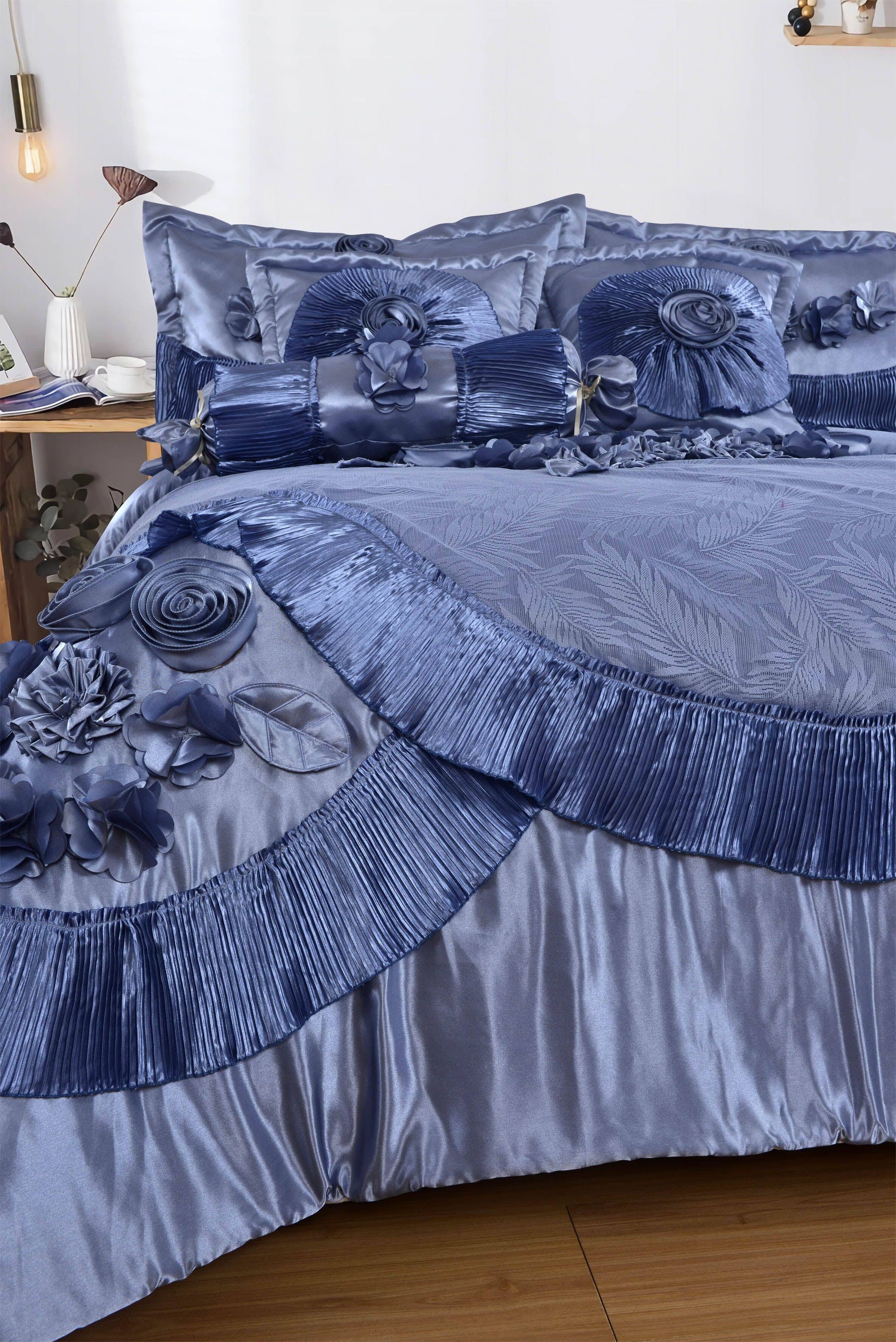 Tache Satin Floral Lace Ruffle Sweet Victorian Luxurious Blue Comforter Set (MZ002-Blue) - Tache Home Fashion