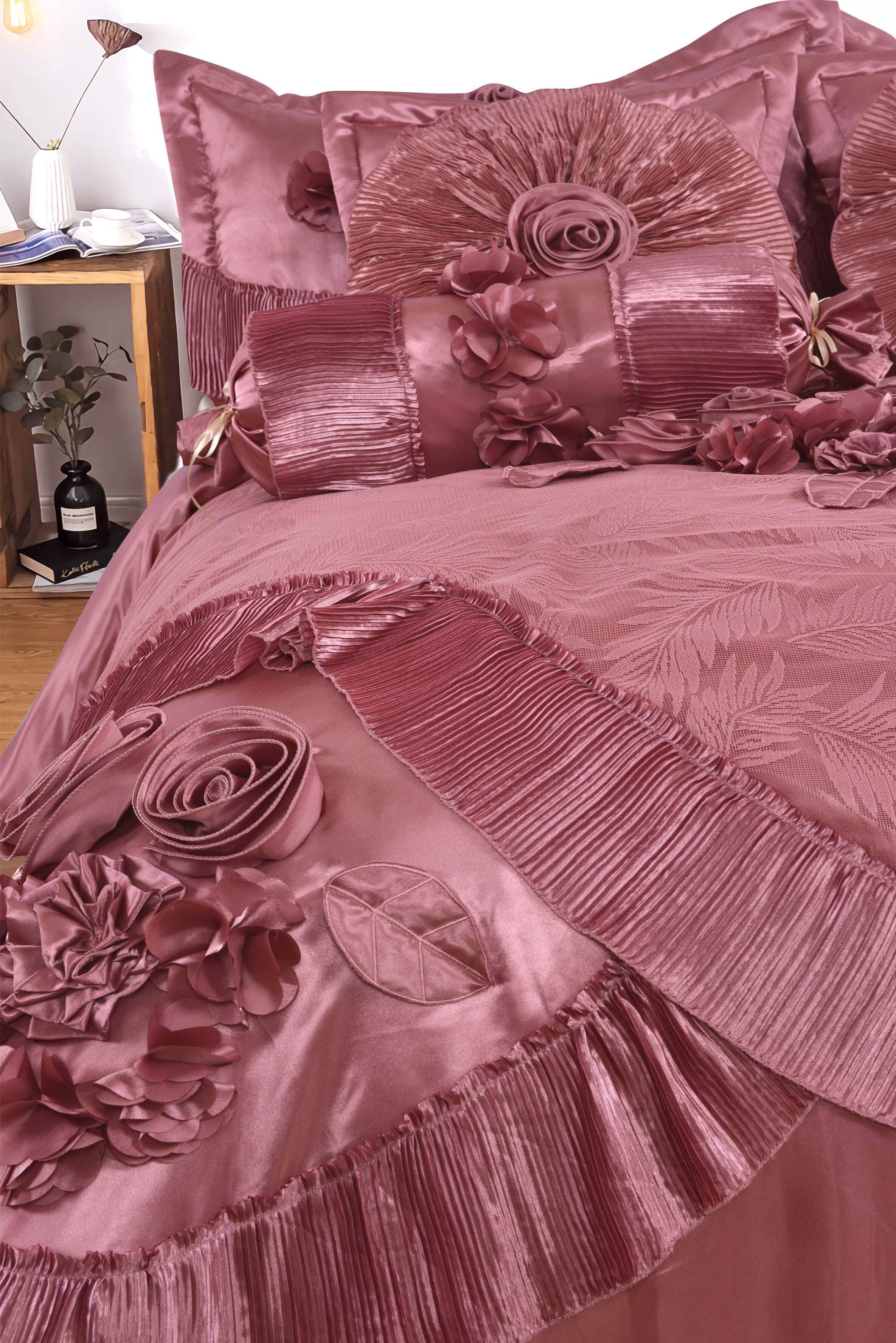 Tache Satin Floral Lace Ruffle Sweet Victorian Luxurious Pink Comforter Set (MZ002-Pink) - Tache Home Fashion