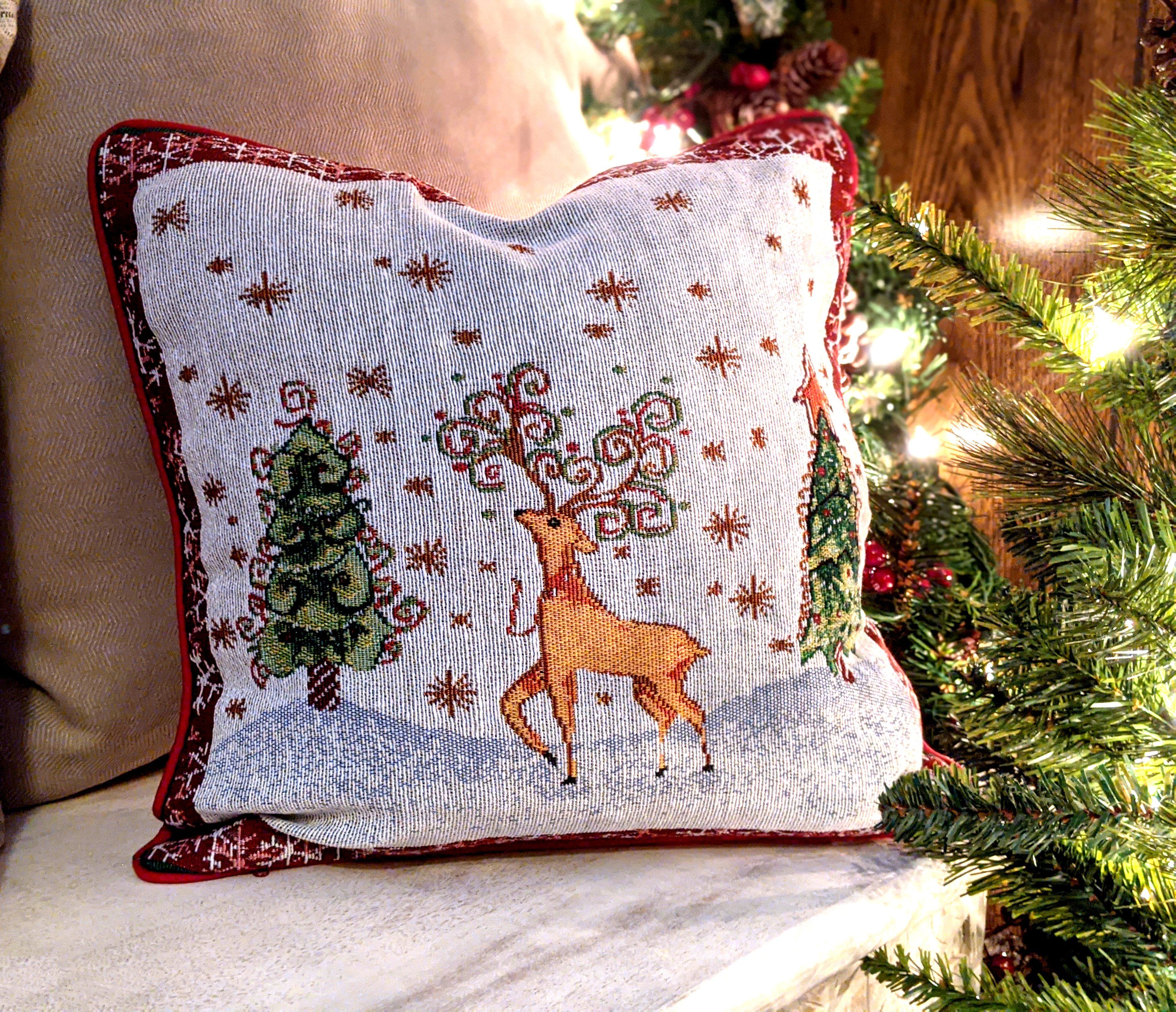 Tache Winter Forest Reindeer Vintage Holiday Woven Tapestry Throw Pillow Cover (9192CC)