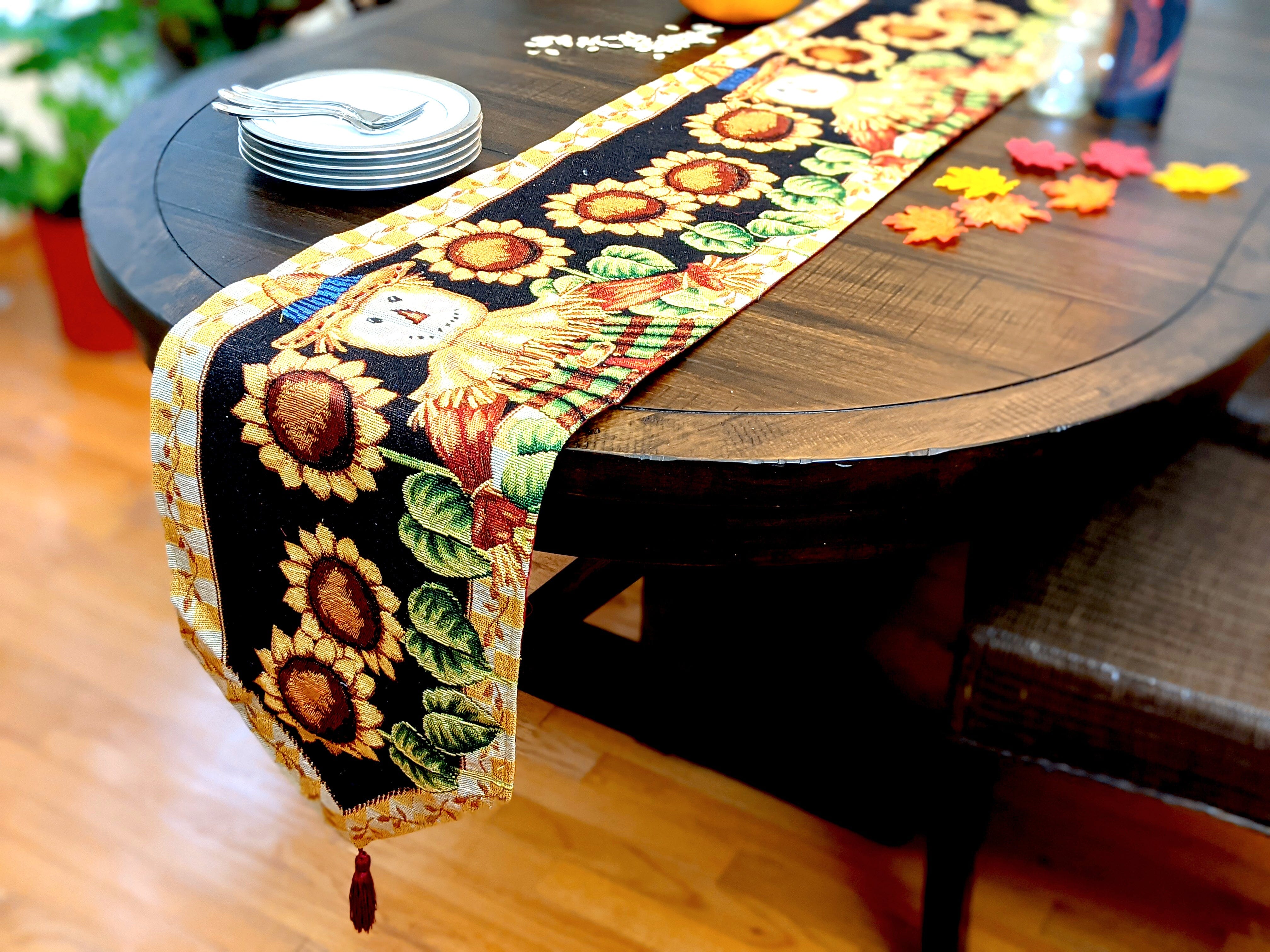 Tache Sunflower Field Scarecrow Autumn Harvest Woven Tapestry Table Runners (11712TR) - Tache Home Fashion