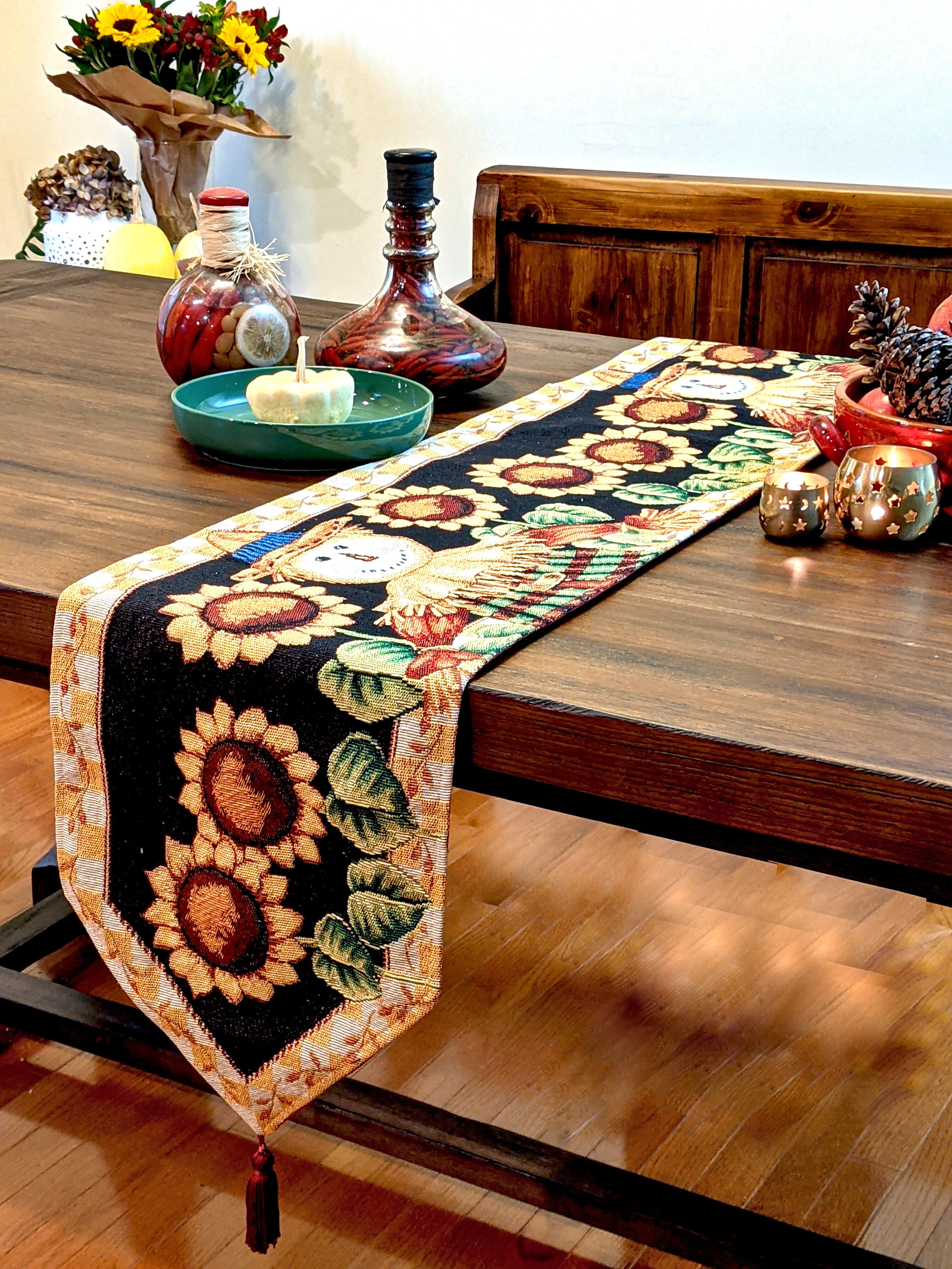 Tache Sunflower Field Scarecrow Autumn Harvest Woven Tapestry Table Runners (11712TR) - Tache Home Fashion