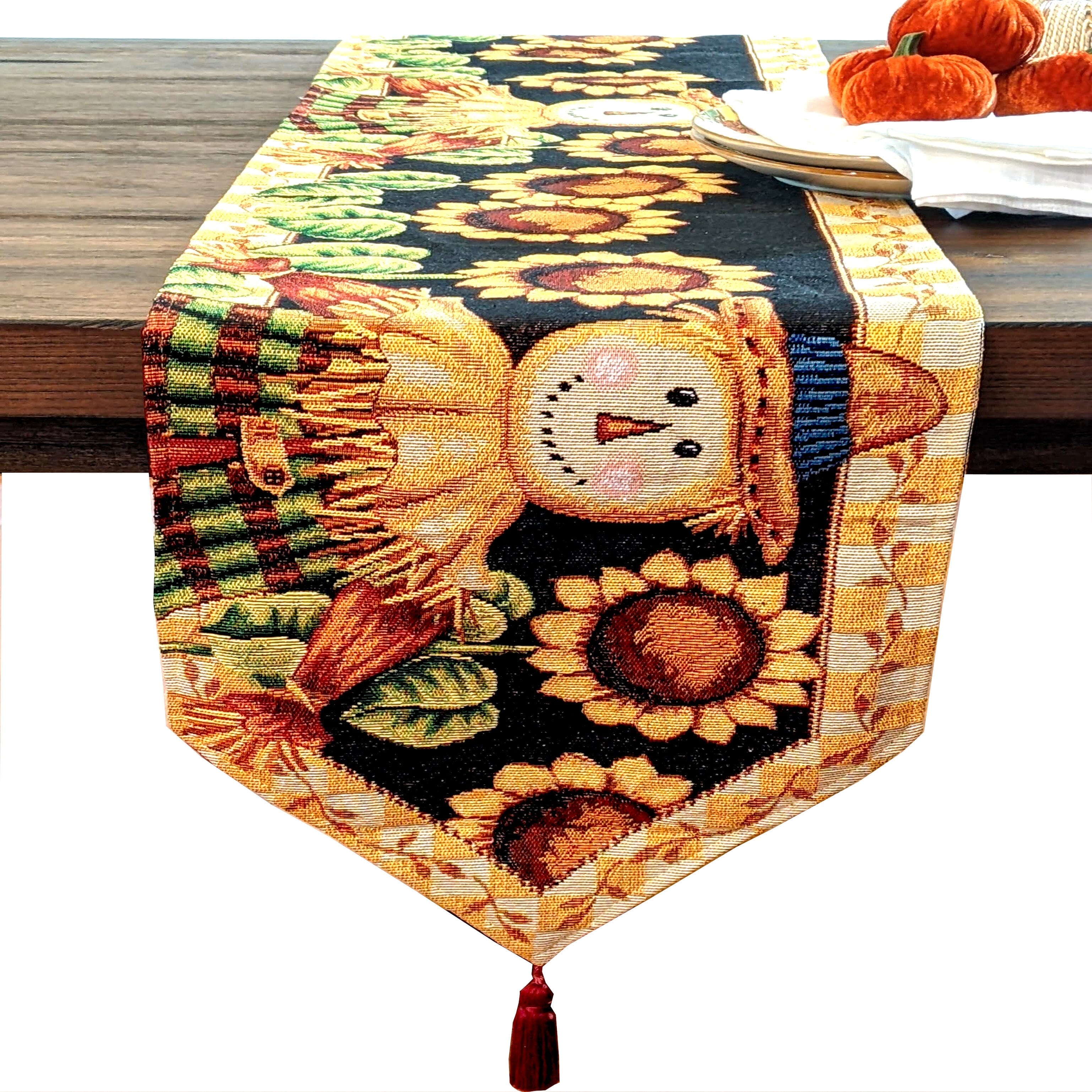 Tache Sunflower Field Scarecrow Autumn Harvest Woven Tapestry Table Runners (11712TR) - Tache Home Fashion