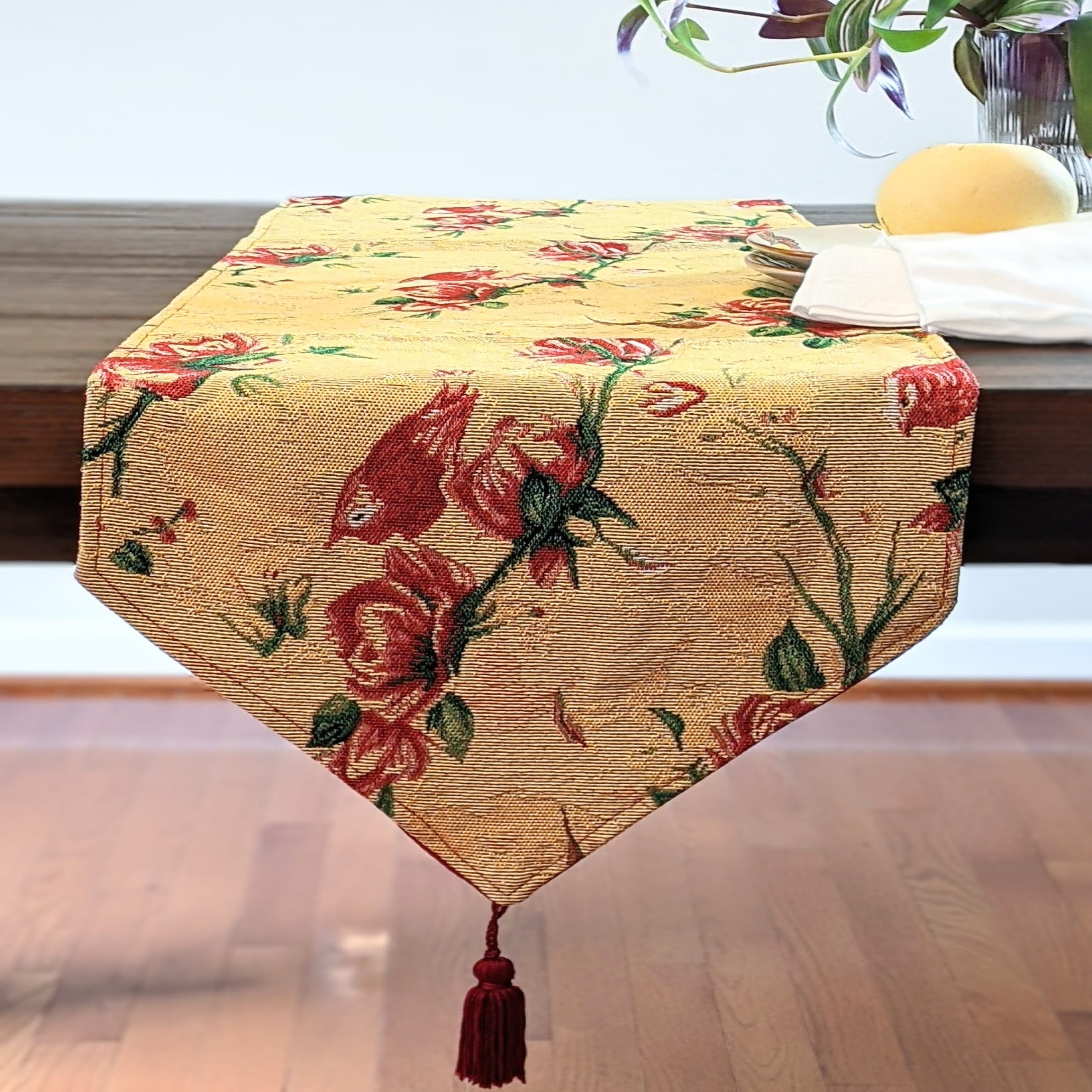 Tache Floral Red Roses Hummingbirds Golden Woven Tapestry Table Runner (18115) - Tache Home Fashion