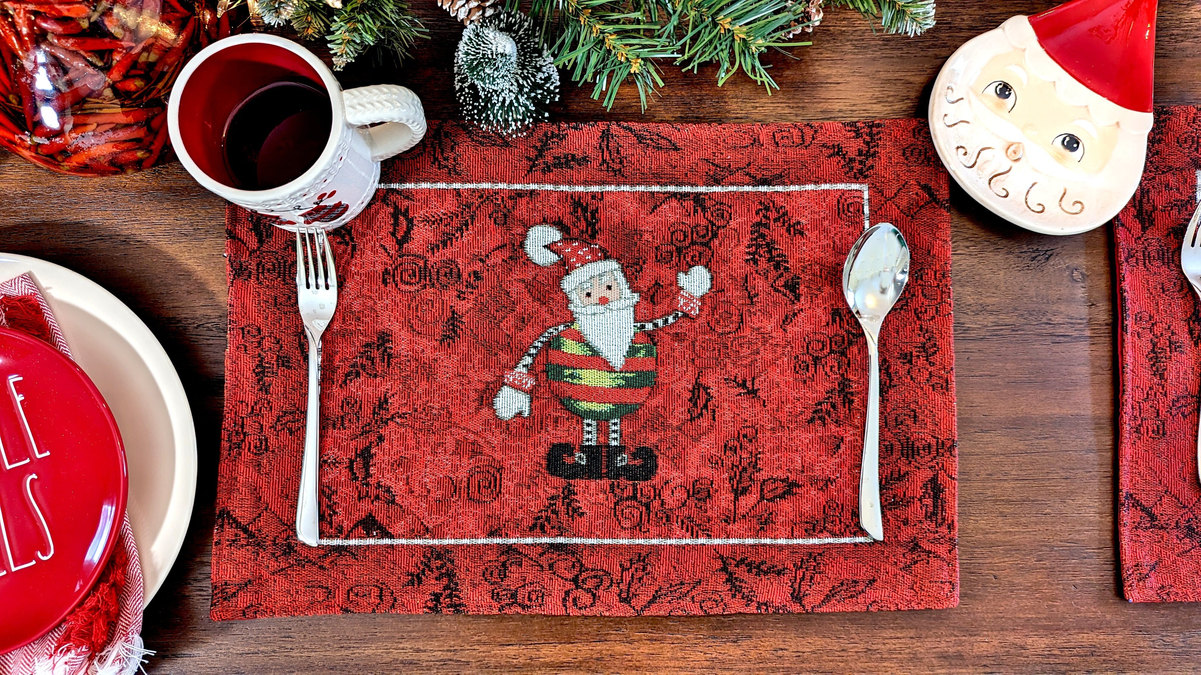 Tache Here Comes Santa Claus Vintage Holiday Woven Tapestry Red Christmas Placemat Set of 4 (8577PM) - Tache Home Fashion