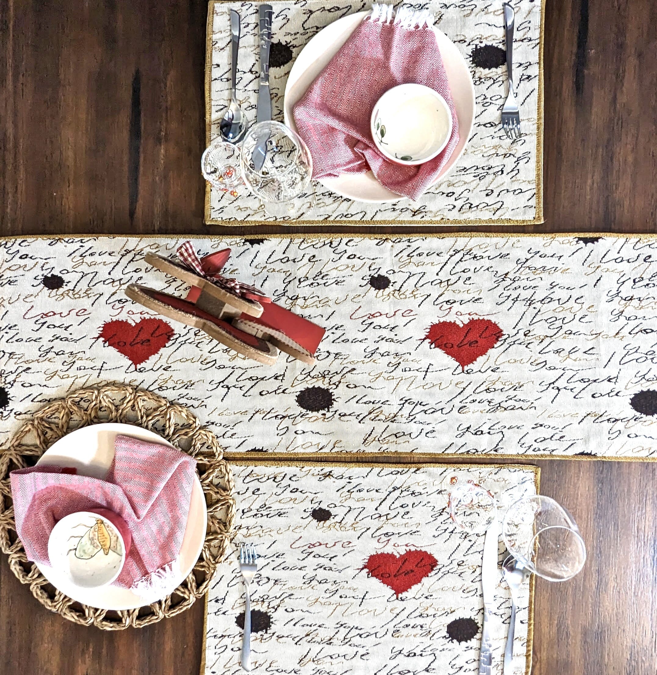 Tache Romantic Valentine’s Love Letter Beige Woven Tapestry Placemat Set (18111) - Tache Home Fashion