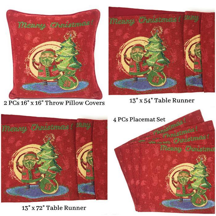 DaDa Bedding Set of 8 Pieces Red Santa Claus Holiday Table Tapestry - 4 Placemats, 2 Table Runners, 2 Throw Pillow Covers (17615) - Tache Home Fashion