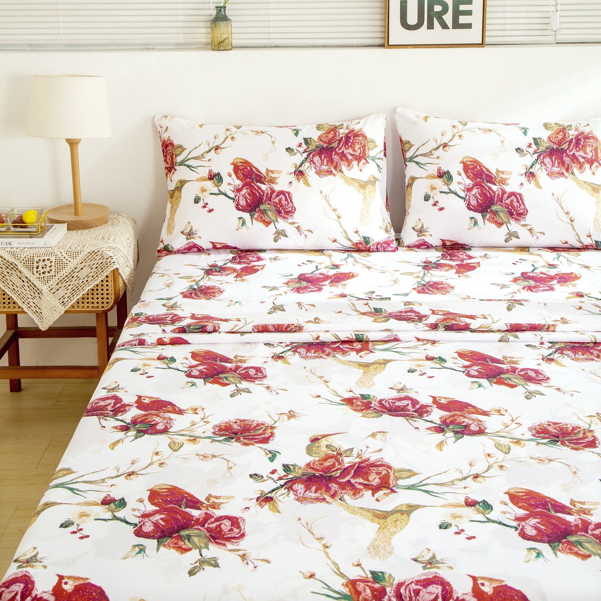 Tache Floral Hummingbirds Burgundy White Vintage Rose Garden Bed Sheet Set (SD-7676) - Tache Home Fashion