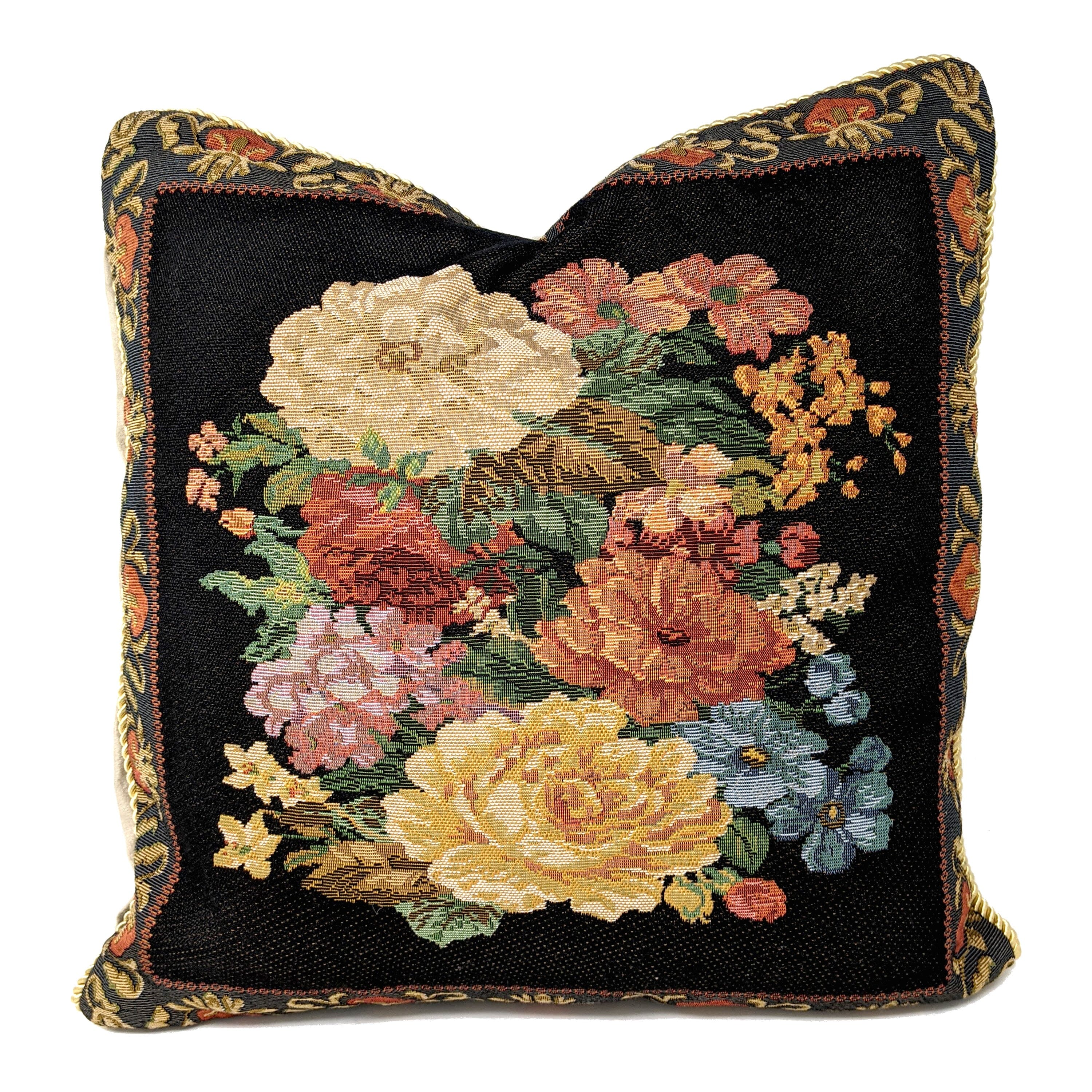 Tache Black Victorian Country Rustic Floral Midnight Awakening Tapestry Throw Pillow Cover (3089BL) - Tache Home Fashion