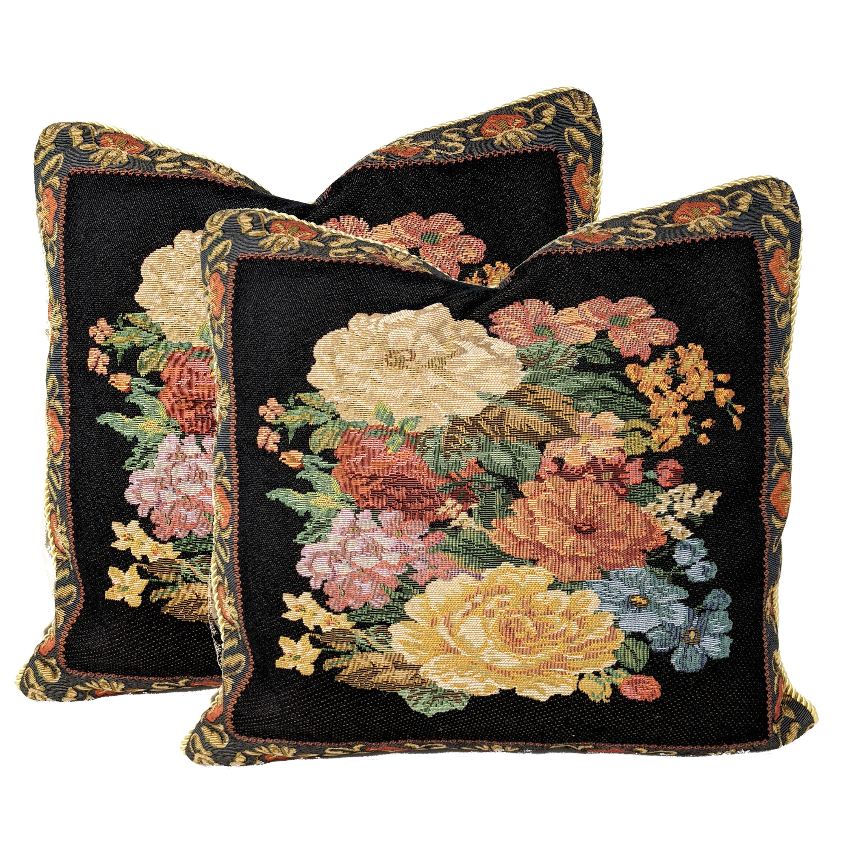 Tache Black Victorian Country Rustic Floral Midnight Awakening Tapestry Throw Pillow Cover (3089BL) - Tache Home Fashion