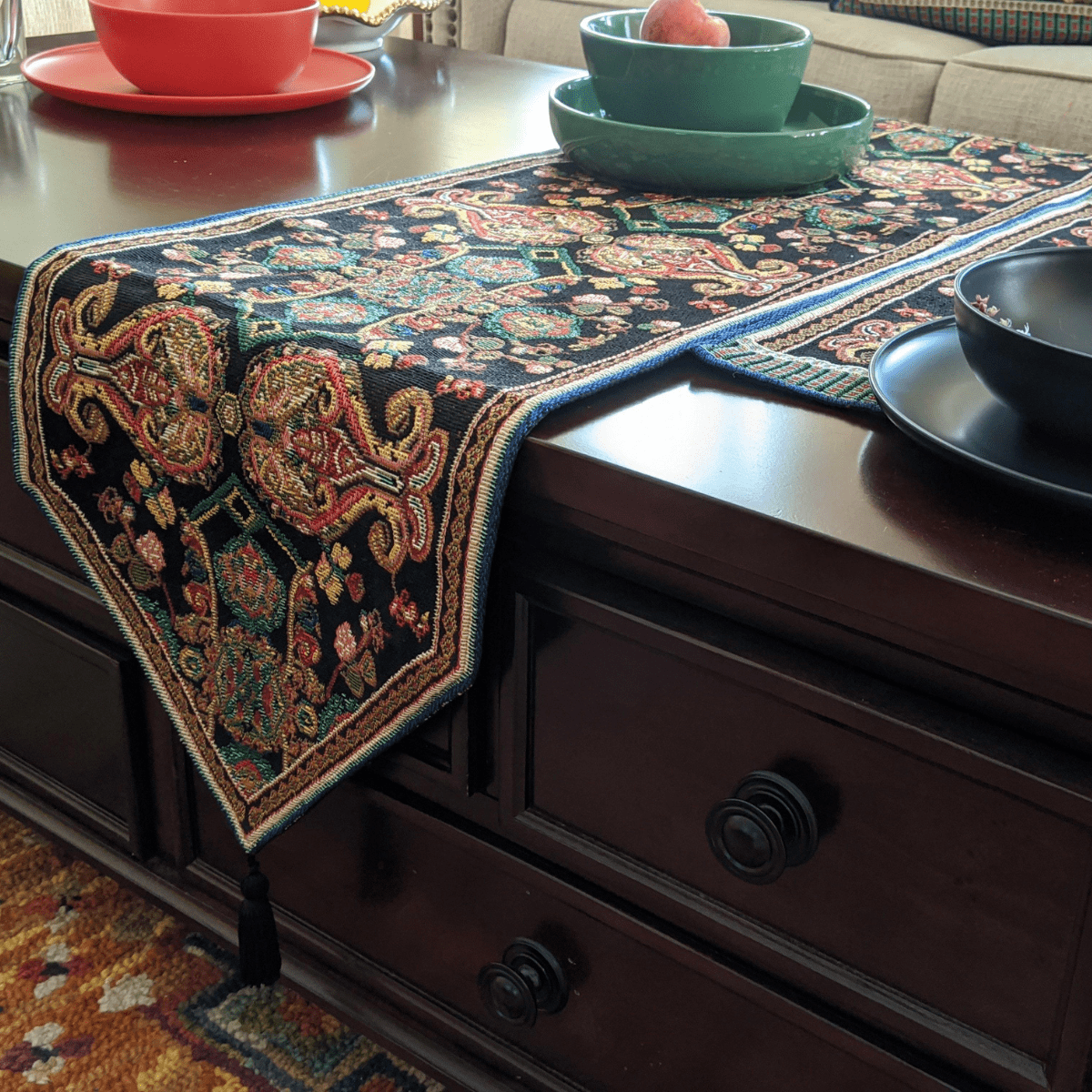 Tache Elegant Black Ornate Paisley Woven Tapestry Table Runner (18192) - Tache Home Fashion