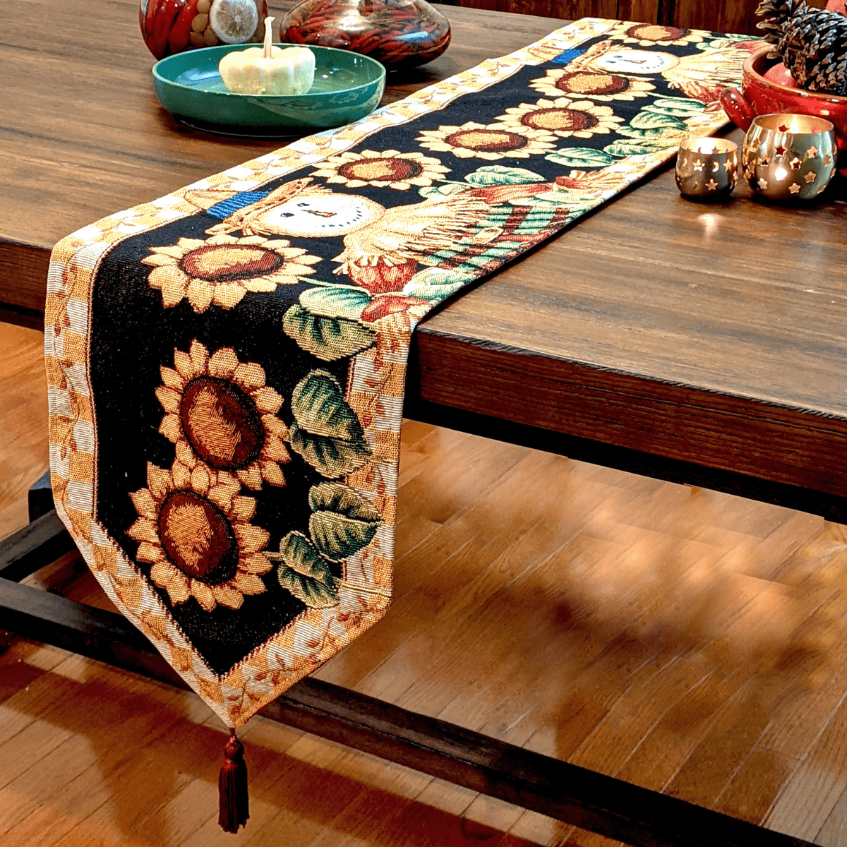 Tache Long Sunflower Field Scarecrow Autumn Fall Harvest Halloween Woven Tapestry Table Runners