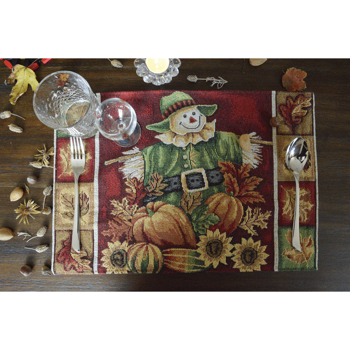 Tache Pumpkin Patch Scarecrow Autumn Harvest Woven Tapestry Placemat Set of 4 (12921PM) - Tache Home Fashion