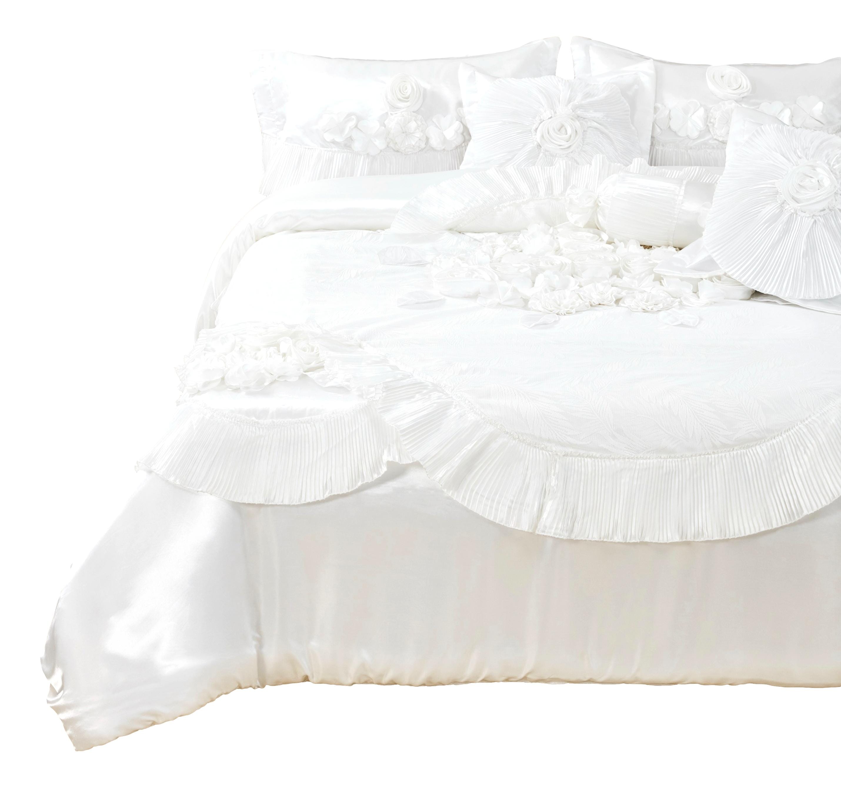 Tache Satin Floral Lace Ruffle White Sweet Victorian Luxurious Comforter Set (MZ002W) - Tache Home Fashion