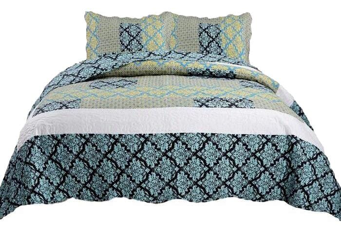 Tache Damask Ornate Baroque Teal Turquoise Blue Green Scalloped Quilt Set (SD-3300)