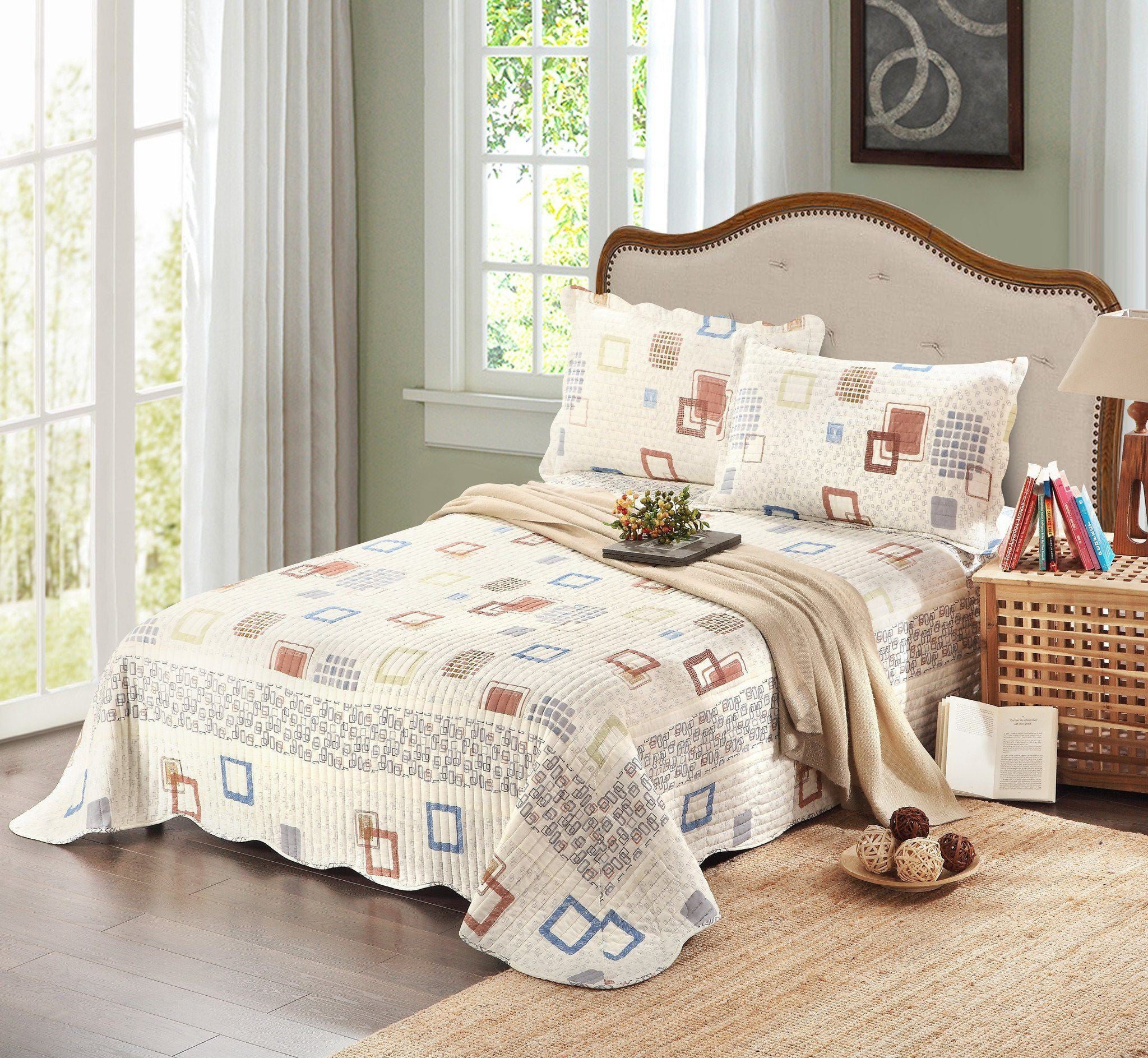 Tache Cotton Ivory Geometric Scalloped Cubic Squares Bedspread Quilt Set (DSW009) - Tache Home Fashion