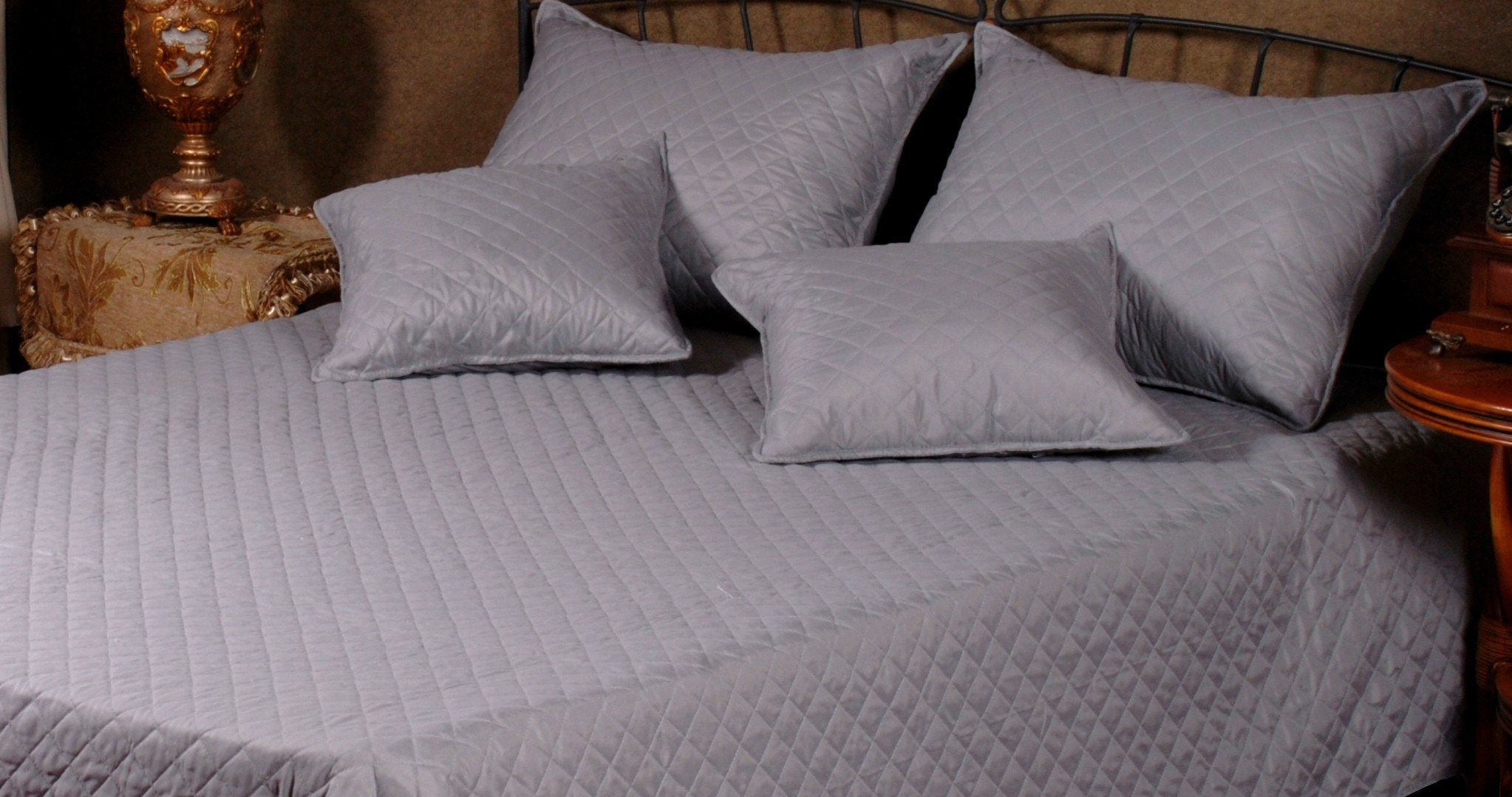 Tache Solid Light Gray Silver Diamond Stitch Bubble Quilted Bedspread Set (DXJ109038-2) - Tache Home Fashion