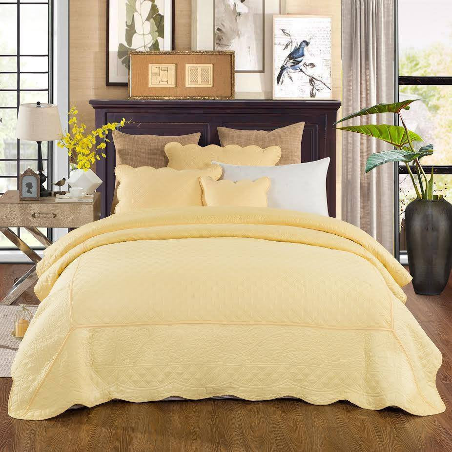 Tache Buttercup Puffs Yellow Diamond Matelasse Scalloped Quilt Set (YELLEMDES) - Tache Home Fashion