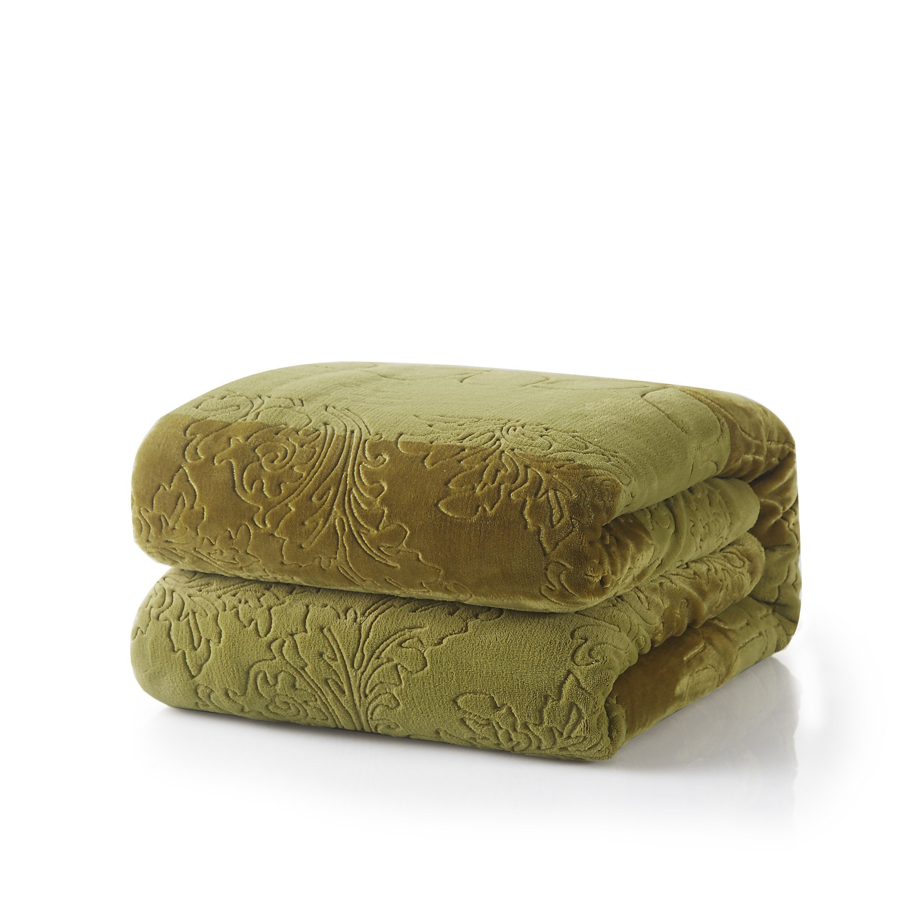 Tache Solid Embossed Green Olive Chartreuse Sherpa Throw Blanket (62096) - Tache Home Fashion