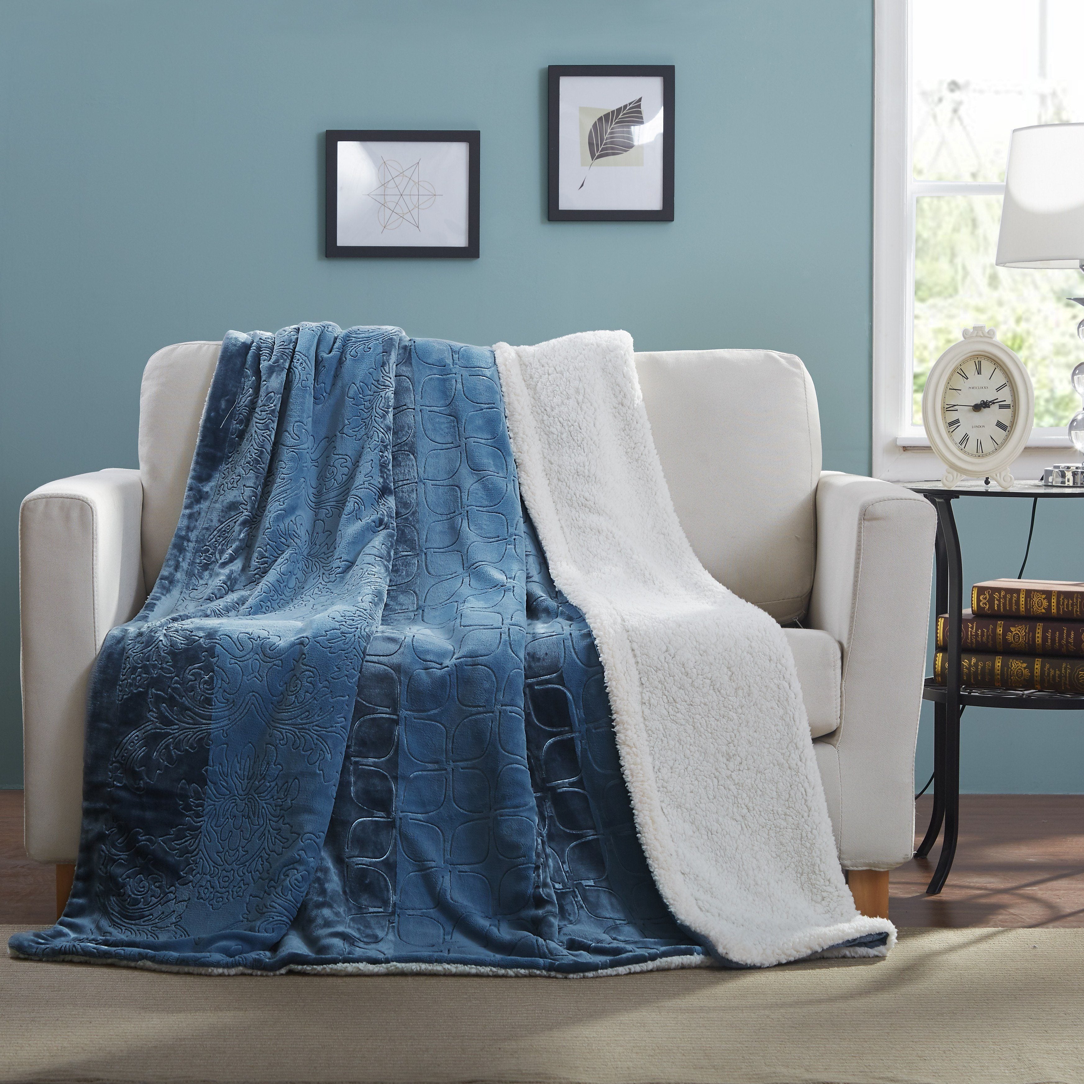 Tache Solid Embossed Rainy Day Grey Blue Sherpa Throw Blanket (62090) - Tache Home Fashion