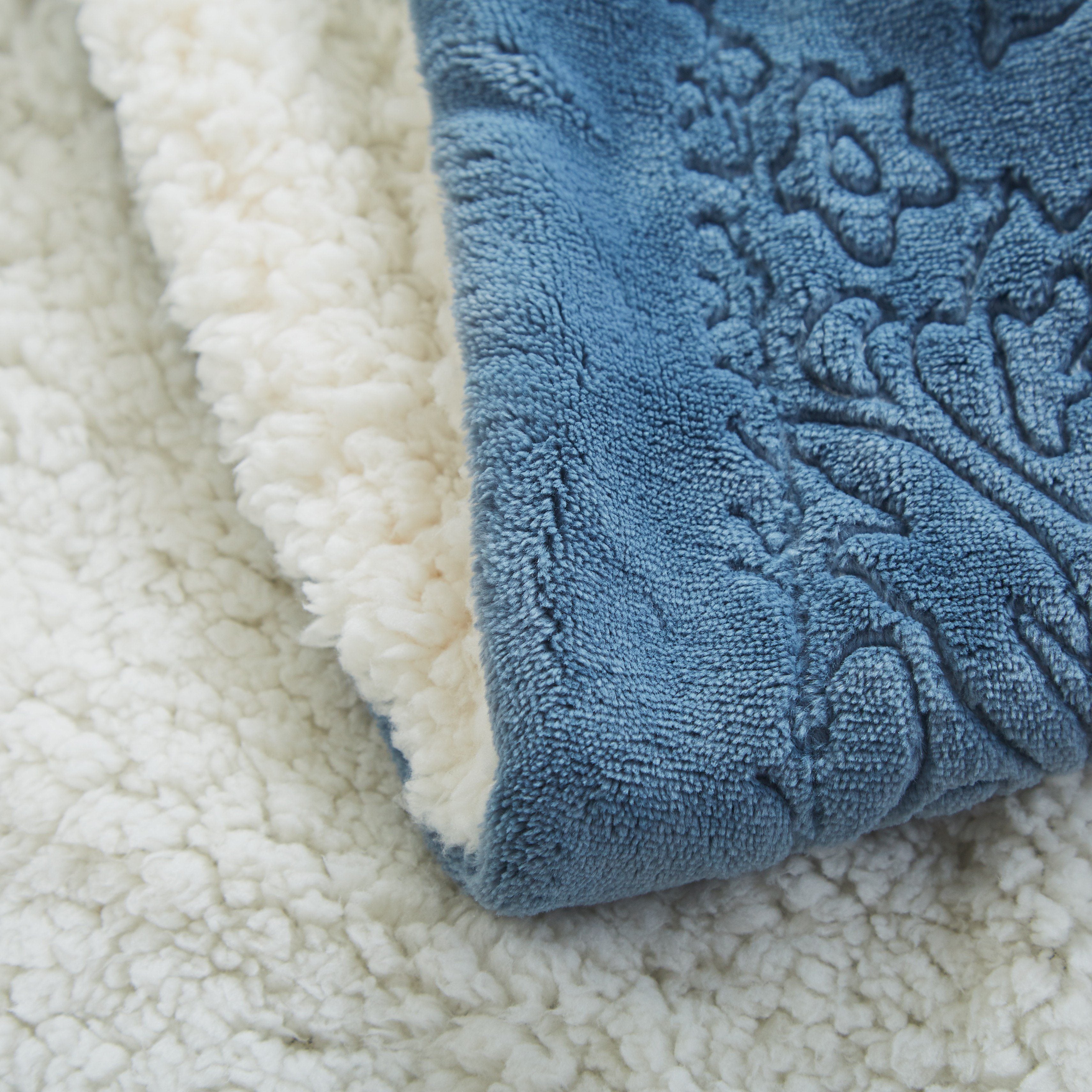 Tache Solid Embossed Rainy Day Grey Blue Sherpa Throw Blanket (62090) - Tache Home Fashion