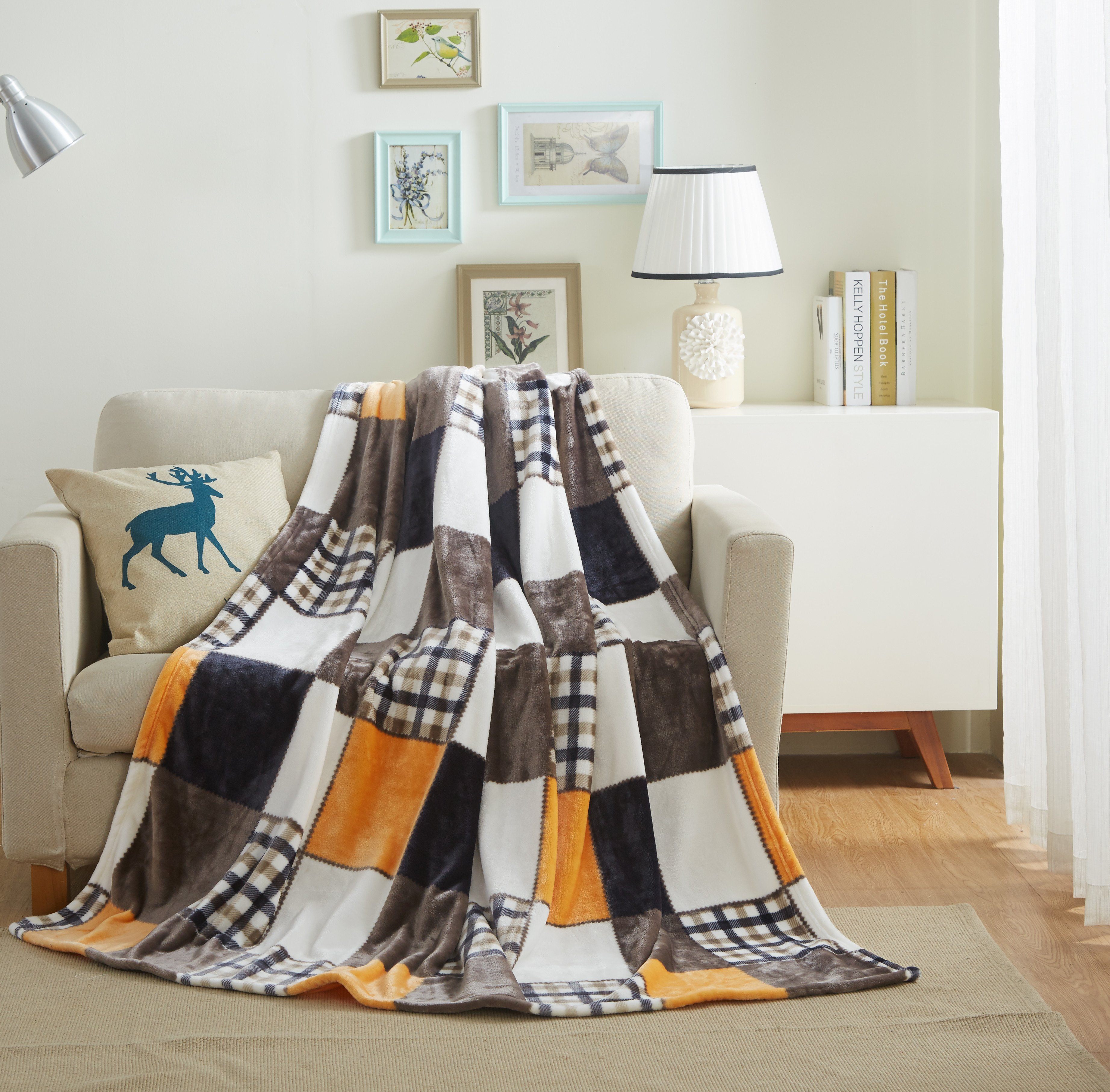 Tache Orange Plaid Patchwork Throw Blanket (4021) - Tache Home Fashion