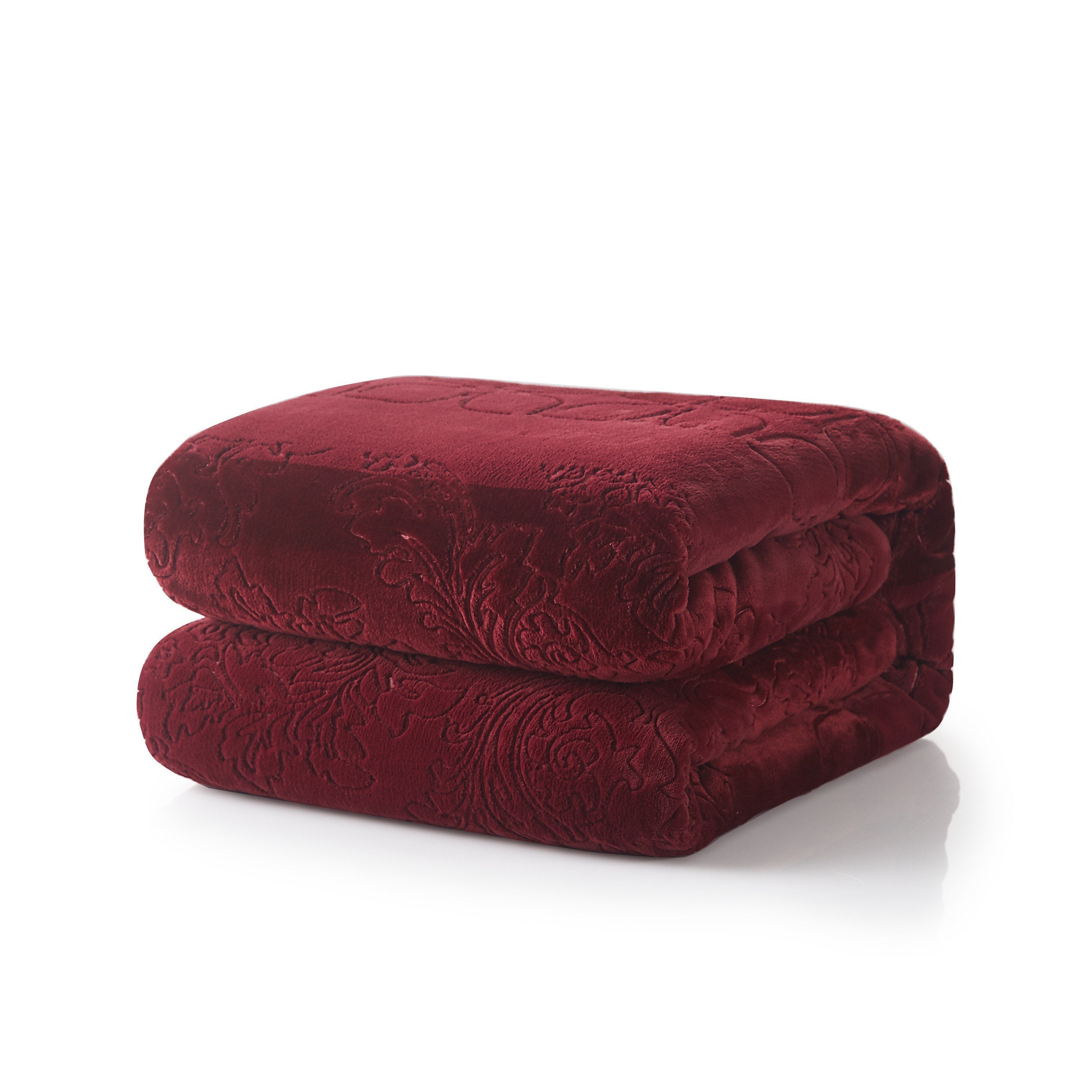 Tache Solid Embossed Merlot Red Reversible Sherpa Throw Blanket (62087) - Tache Home Fashion