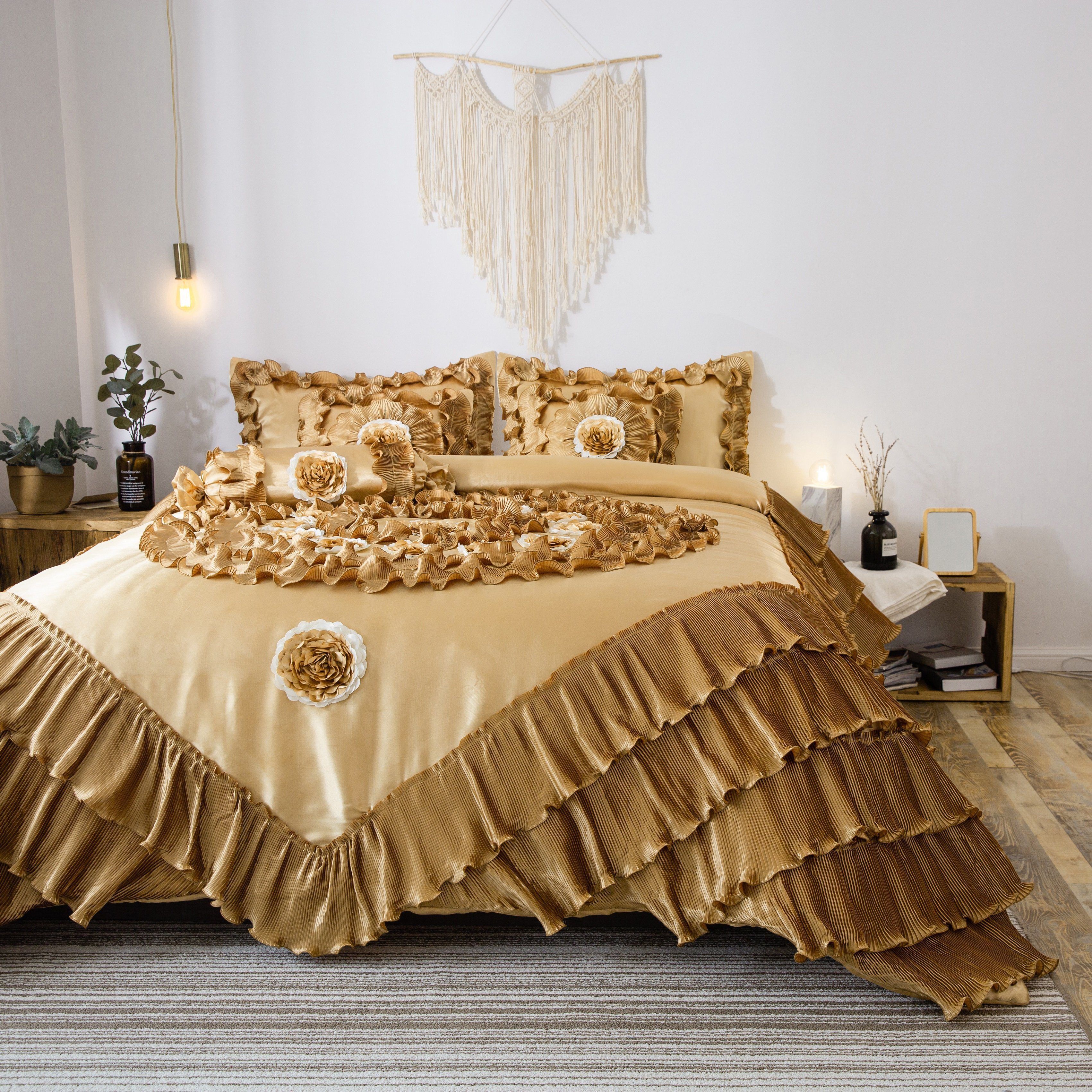 Tache Satin Ruffle Floral Gold Caramel Latte Comforter (BM4578) - Tache Home Fashion