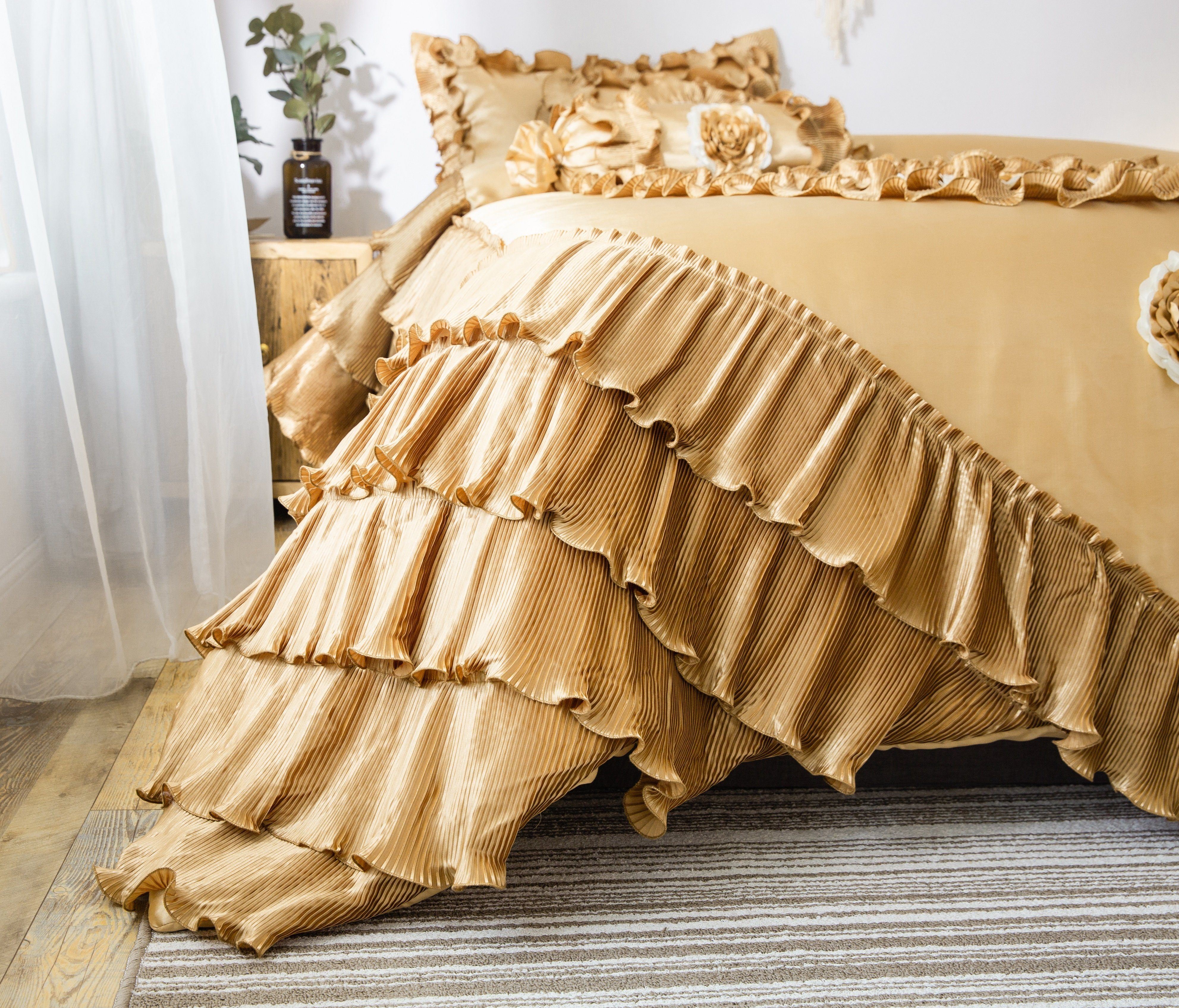 Tache Satin Ruffle Floral Gold Caramel Latte Comforter (BM4578) - Tache Home Fashion