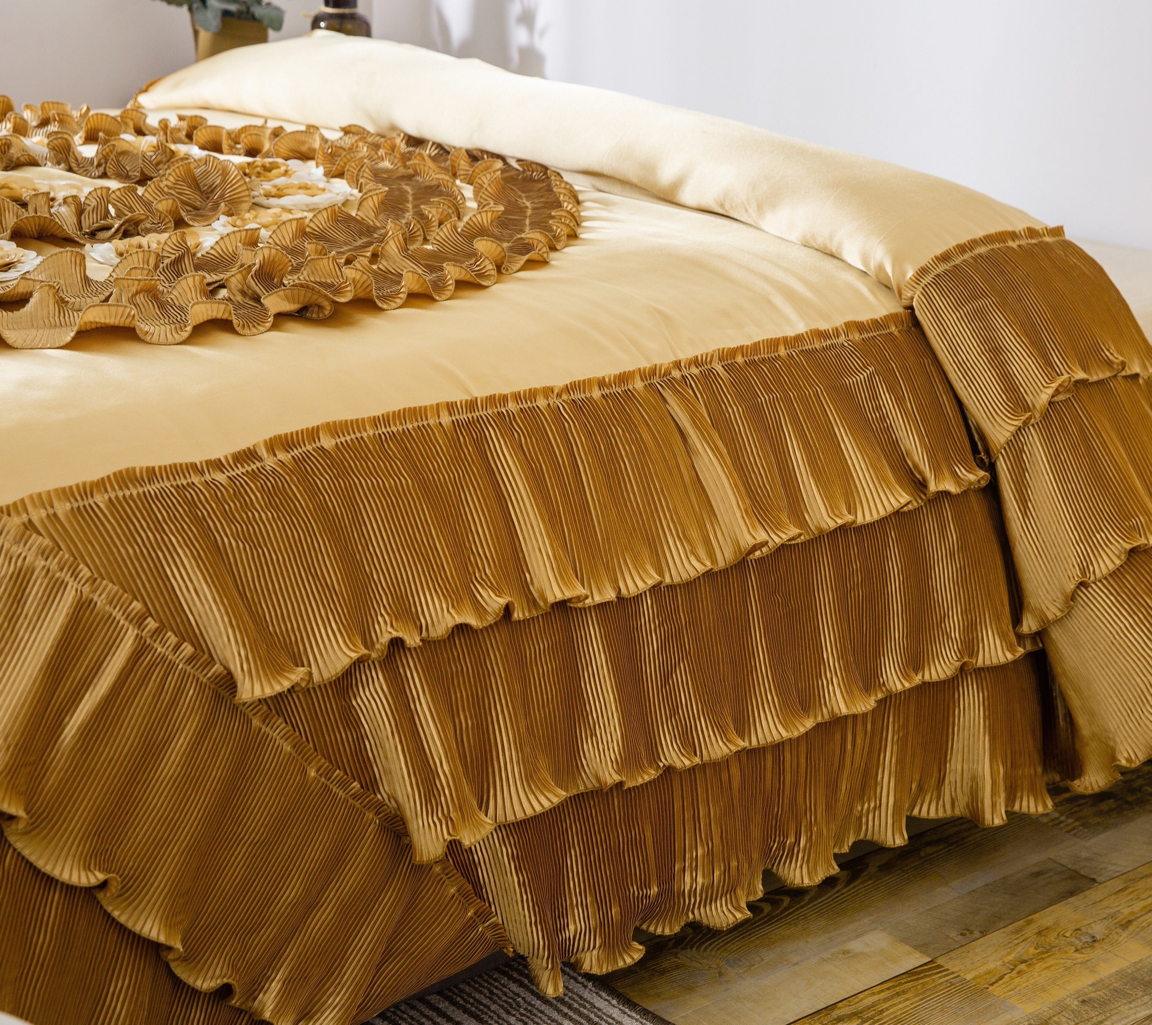 Tache Satin Ruffle Floral Gold Caramel Latte Comforter (BM4578) - Tache Home Fashion