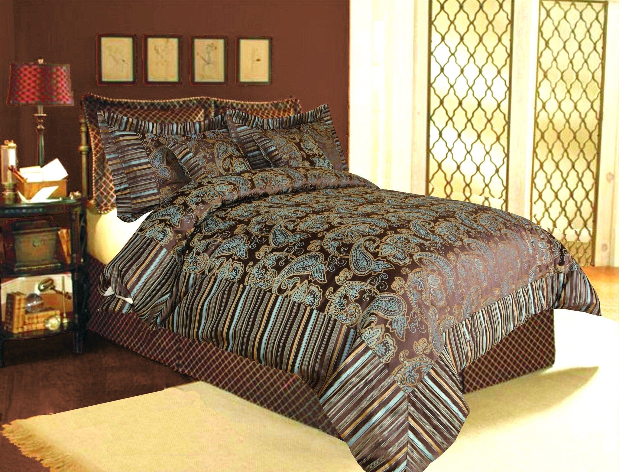 Tache Chenille Elegant Paisley Floral Striped Brown Blue Eastern Comforter Set With Zipper Cover (14070)