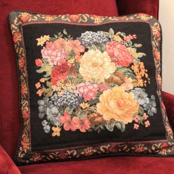 Tache Black Victorian Country Rustic Floral Midnight Awakening Tapestry Throw Pillow Cover (3089BL) - Tache Home Fashion