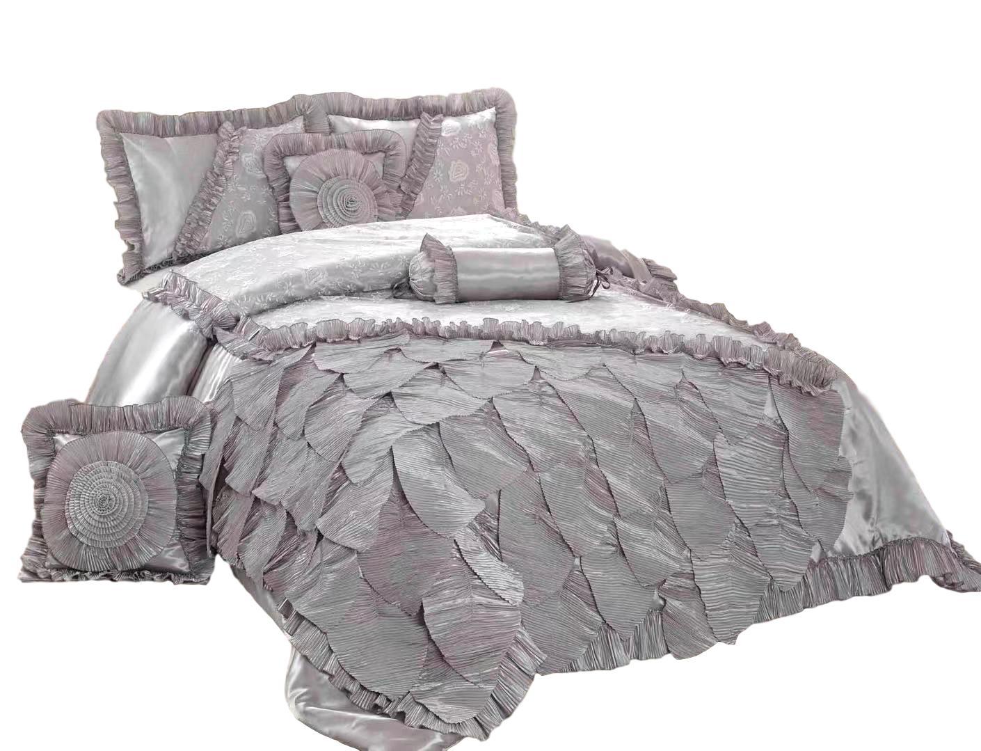 Tache Satin Ruffle Floral Lace Silver Rose Petals Comforter Set (HYZ102) - Tache Home Fashion