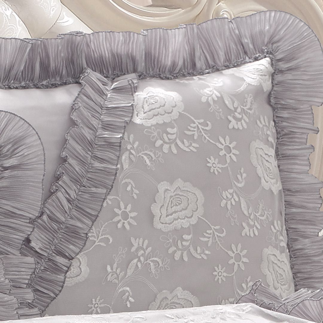 Tache Satin Ruffle Floral Lace Silver Rose Petals Comforter Set (HYZ102) - Tache Home Fashion