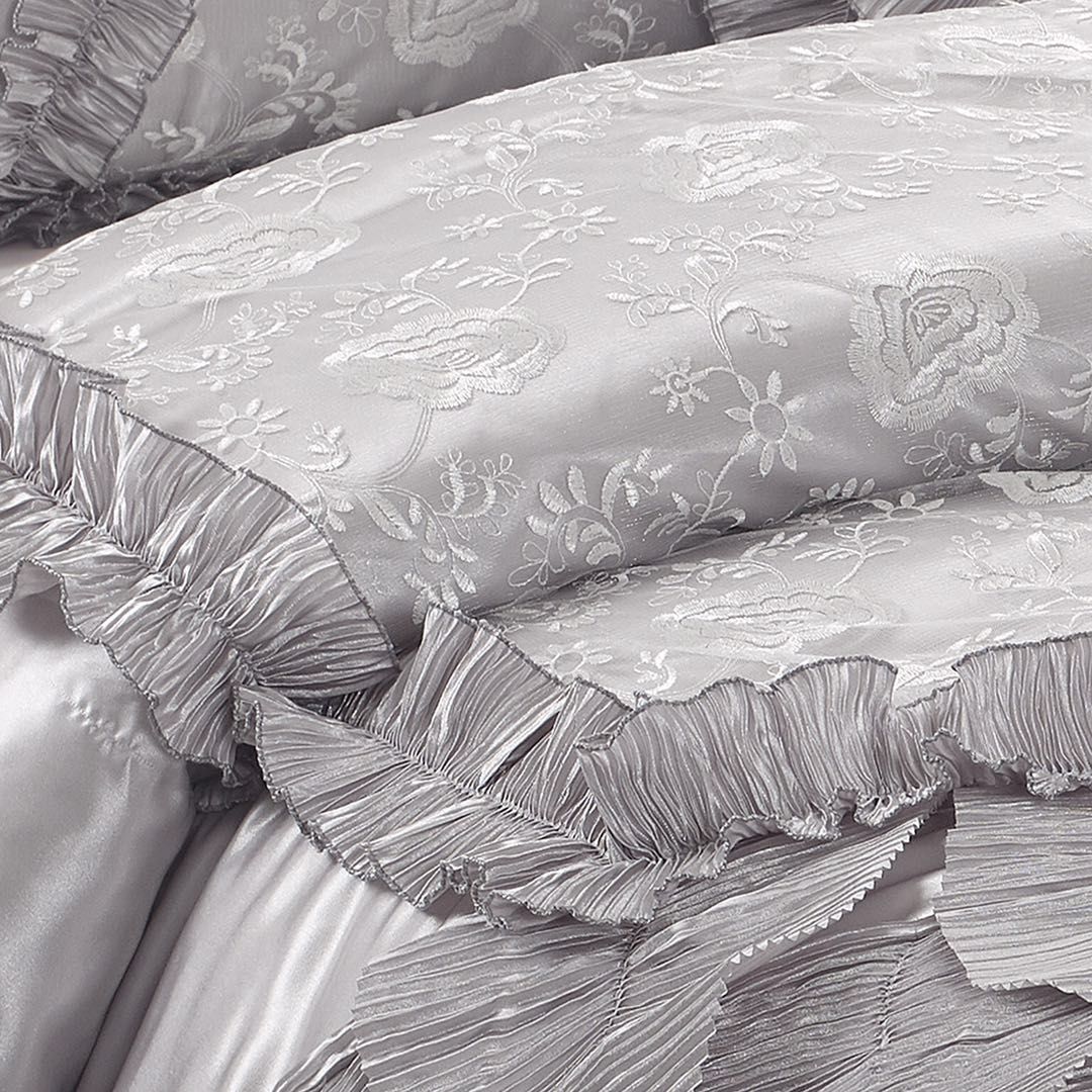 Tache Satin Ruffle Floral Lace Silver Rose Petals Comforter Set (HYZ102) - Tache Home Fashion