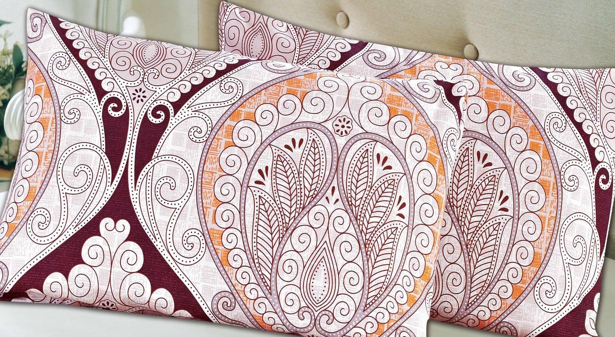 Tache Maroon Mandala Ivory Damask Pillowcases (2131-PC) - Tache Home Fashion