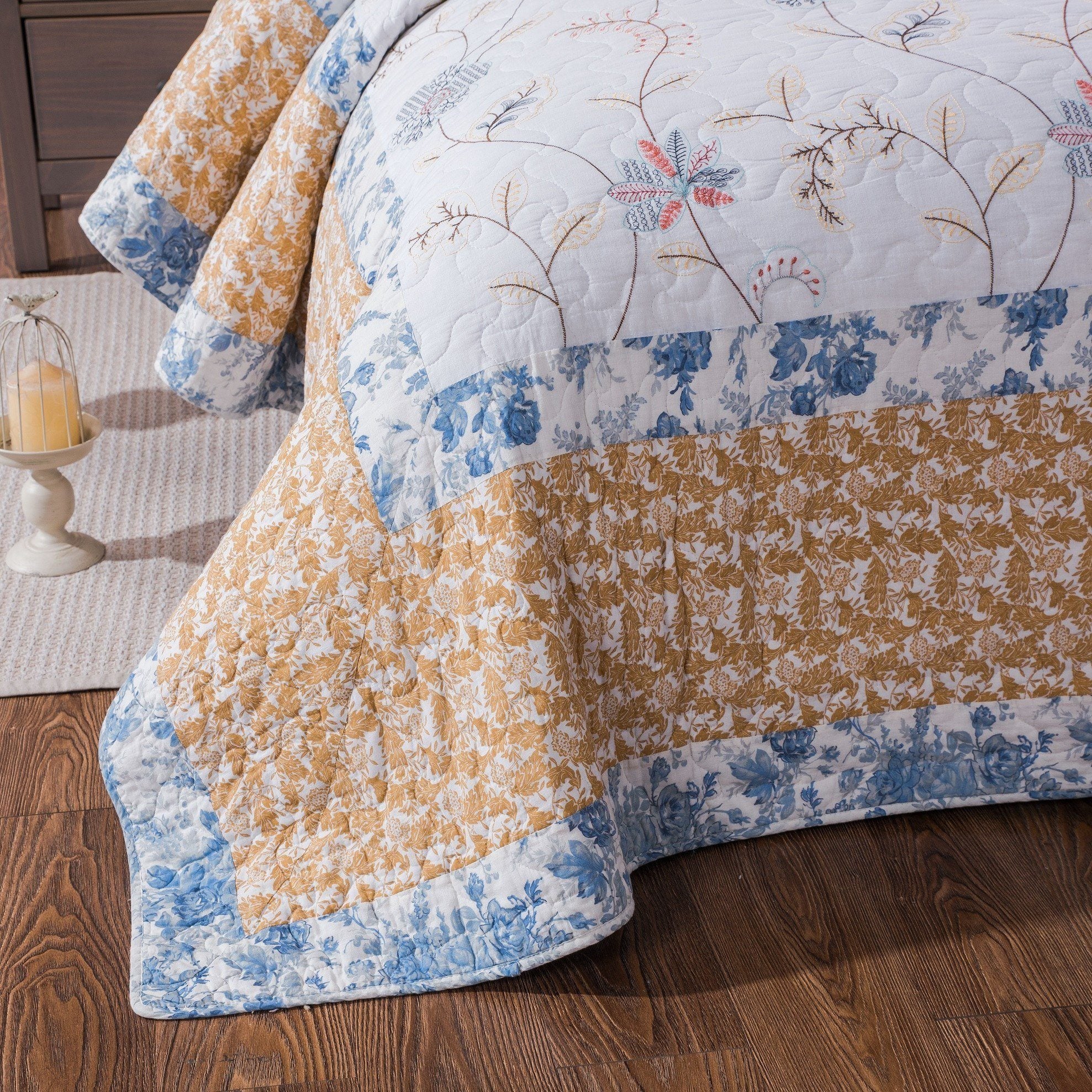 Tache Coastal Cottage Embroidered White Blue Yellow Floral Cotton Patchwork Quilt Set (JHW-668) - Tache Home Fashion