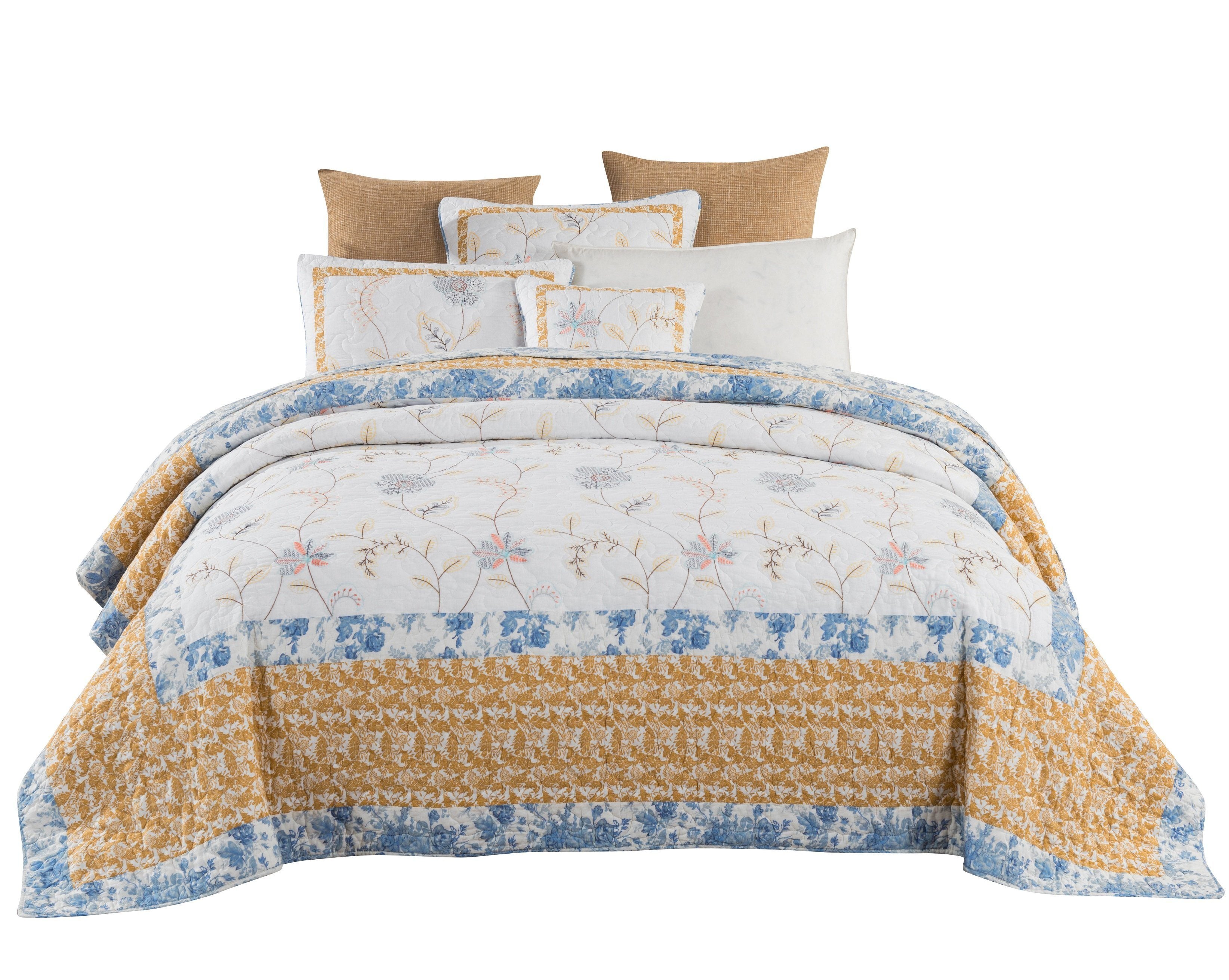 Tache Coastal Cottage Embroidered White Blue Yellow Floral Cotton Patchwork Quilt Set (JHW-668) - Tache Home Fashion