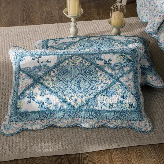 Tache Cotton Patchwork White Blue Floral Scalloped Petal Dance Pillow Sham (JHW-646) - Tache Home Fashion