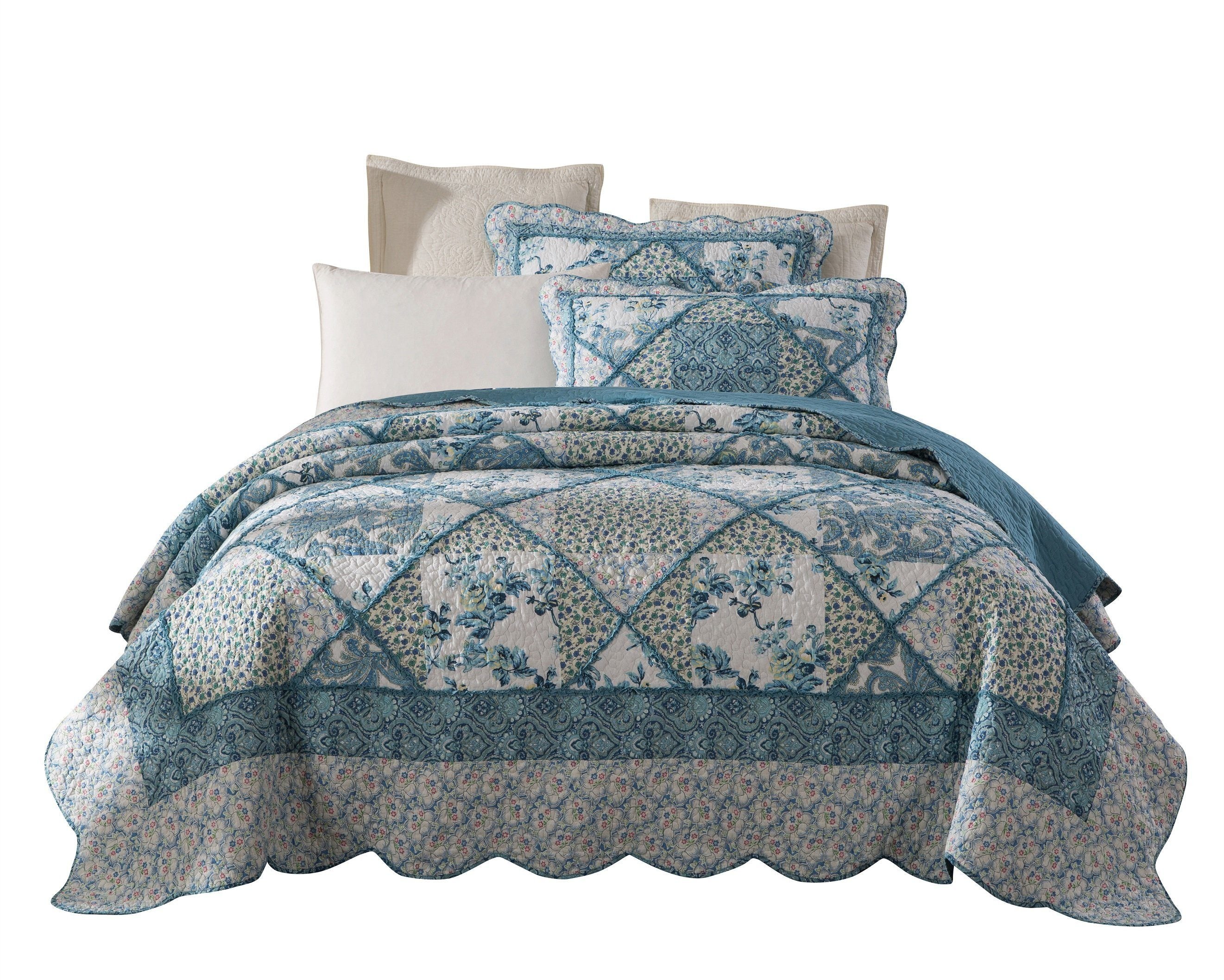 Tache Petal Dance White Blue Floral Vintage Garden Scalloped Cotton Patchwork Quilt Set (JHW-646) - Tache Home Fashion