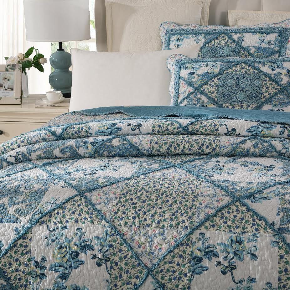 Tache Petal Dance White Blue Floral Vintage Garden Scalloped Cotton Patchwork Quilt Set (JHW-646) - Tache Home Fashion