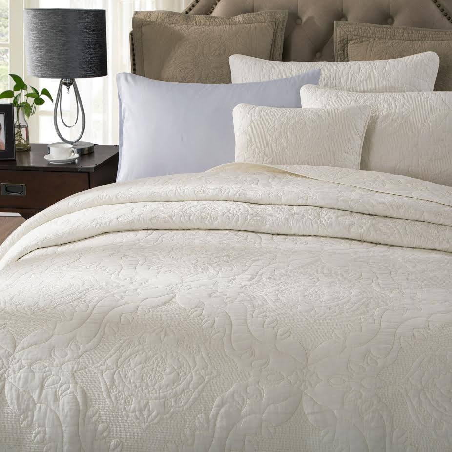 Tache Vanilla Cream Ivory Paisley Damask Stitch Matelassé Cotton Quilt Set (JHW-643) - Tache Home Fashion